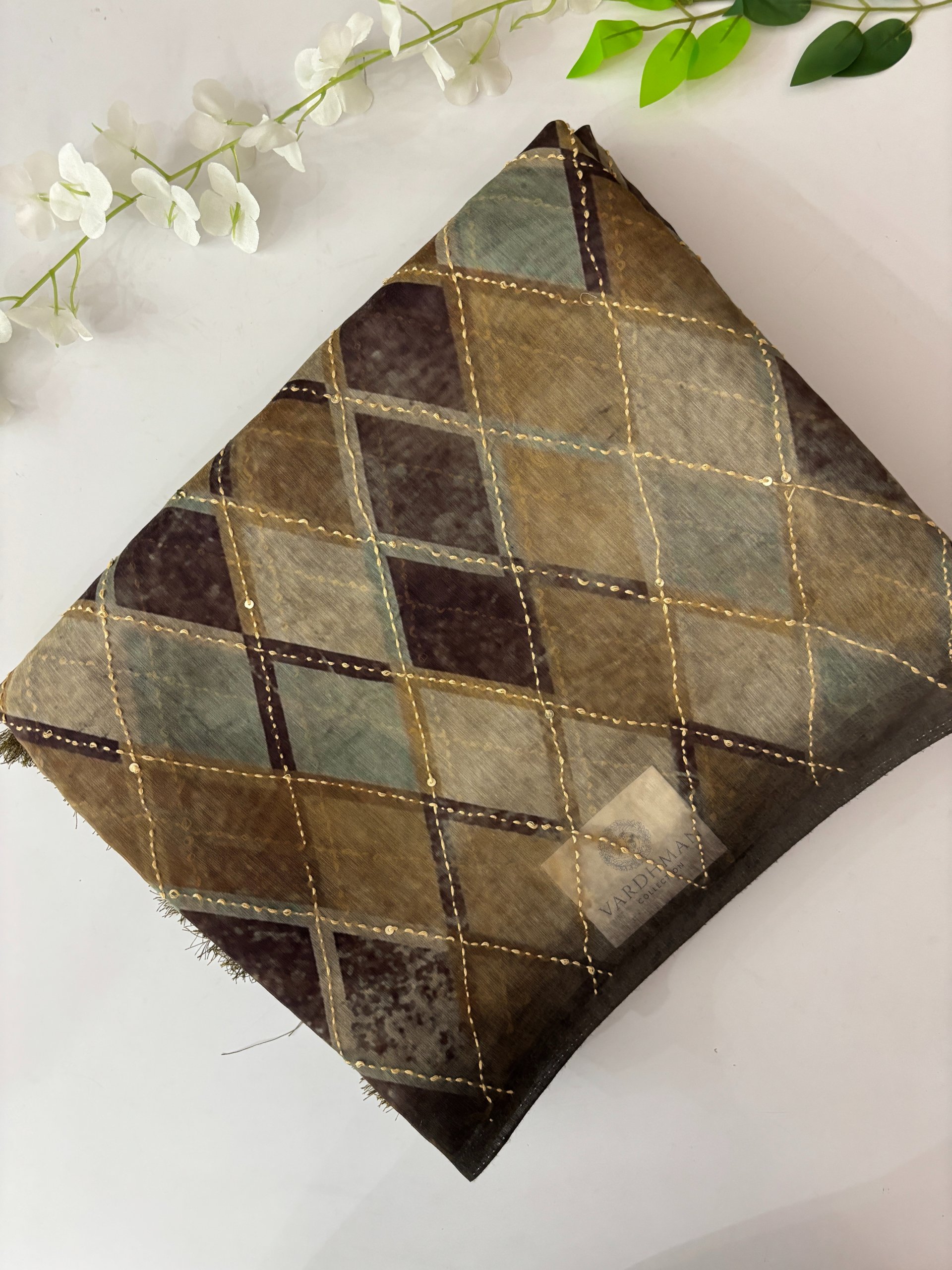 Coffee Brown Kalamkari Pallu Kantha Work Saree