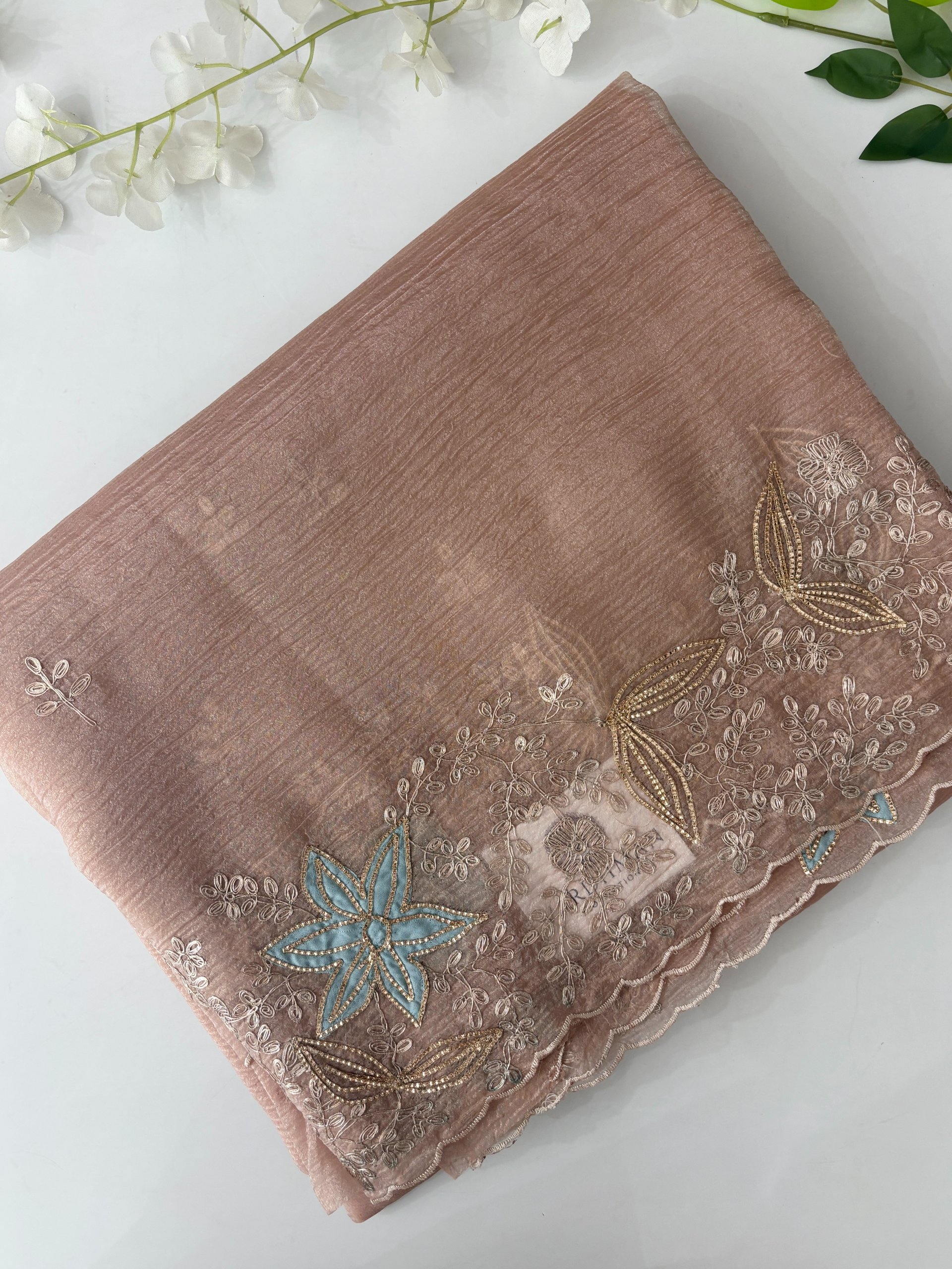 Mauve Pink Crush Tissue Georgette Saree with Pita Work 