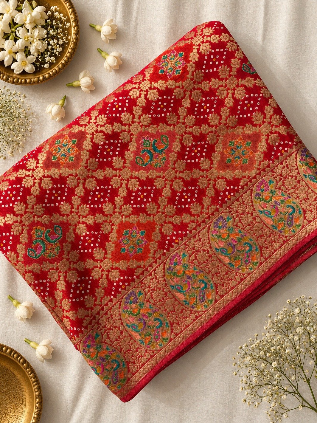 Red Bandhani Khaddi Georgette Saree