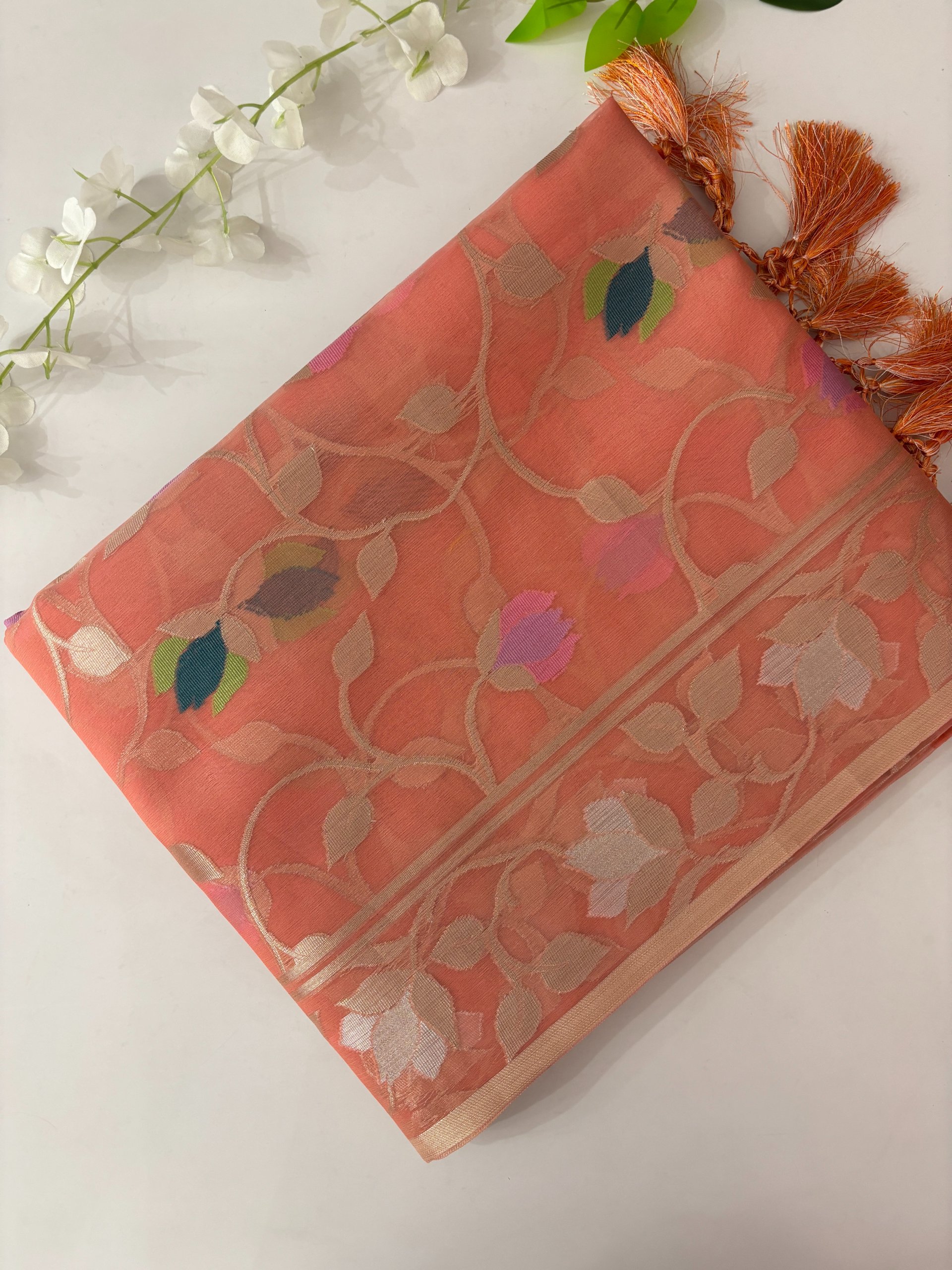 Peach Banarasi Kora Silk Saree