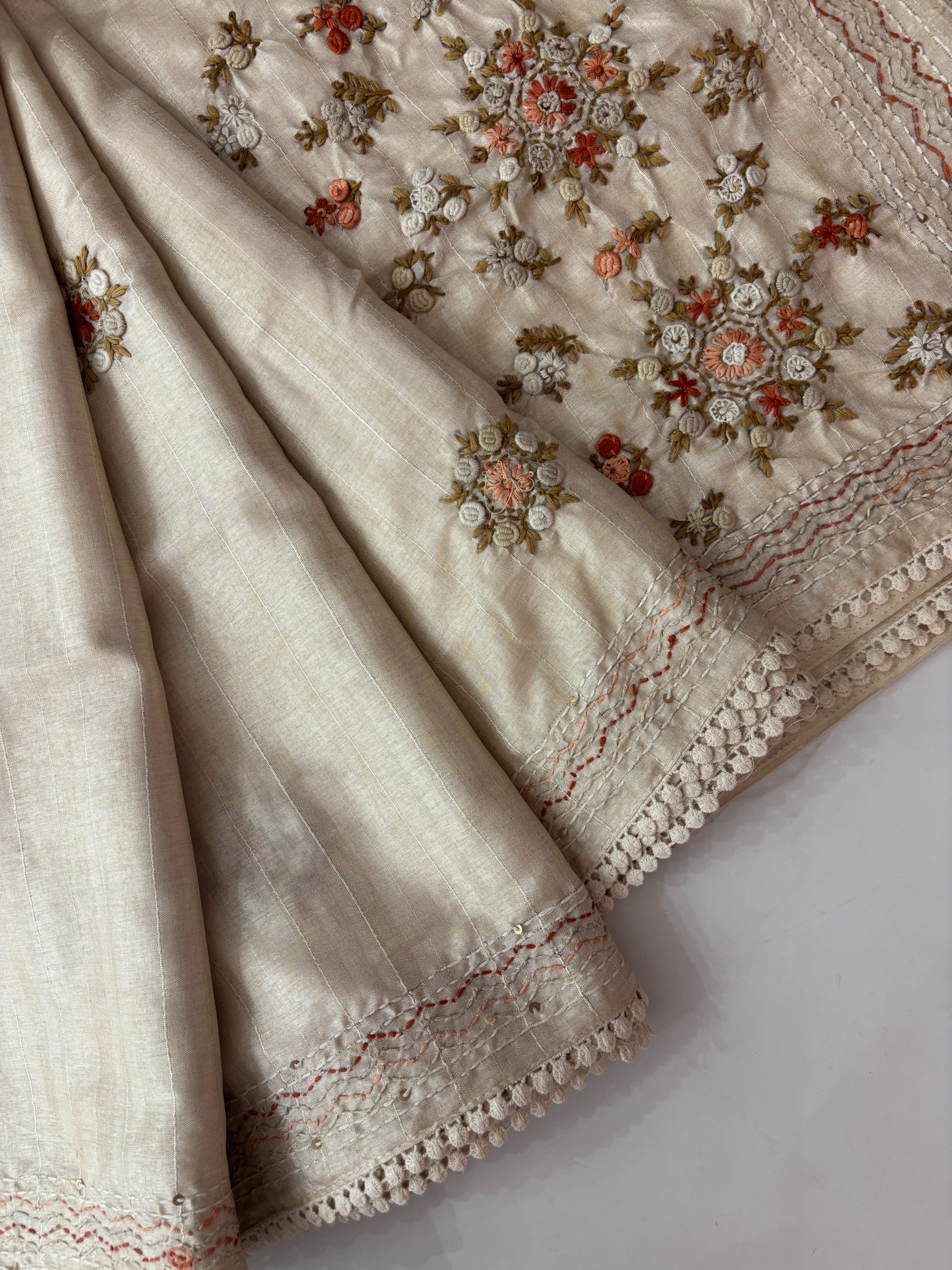 Cream Semi Tussar Silk Sarees with Knot Work