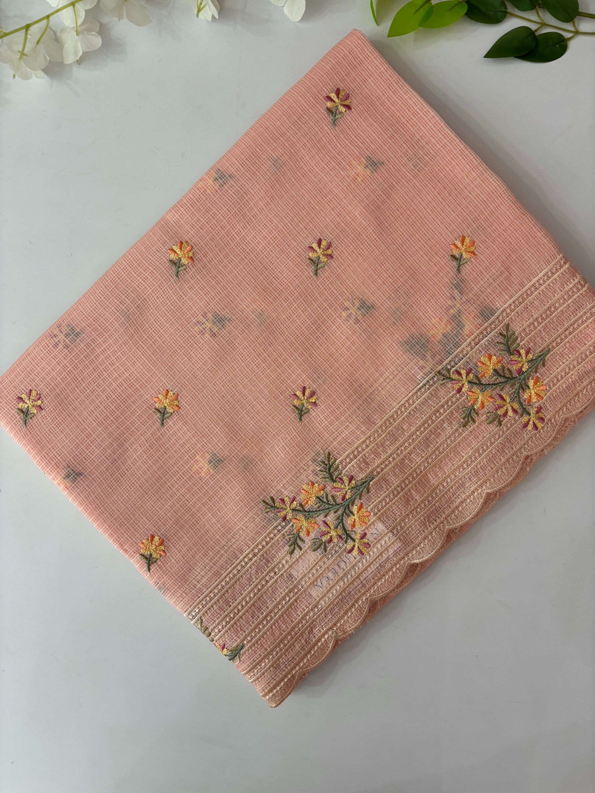 Peach Supernet Saree with Embroidery