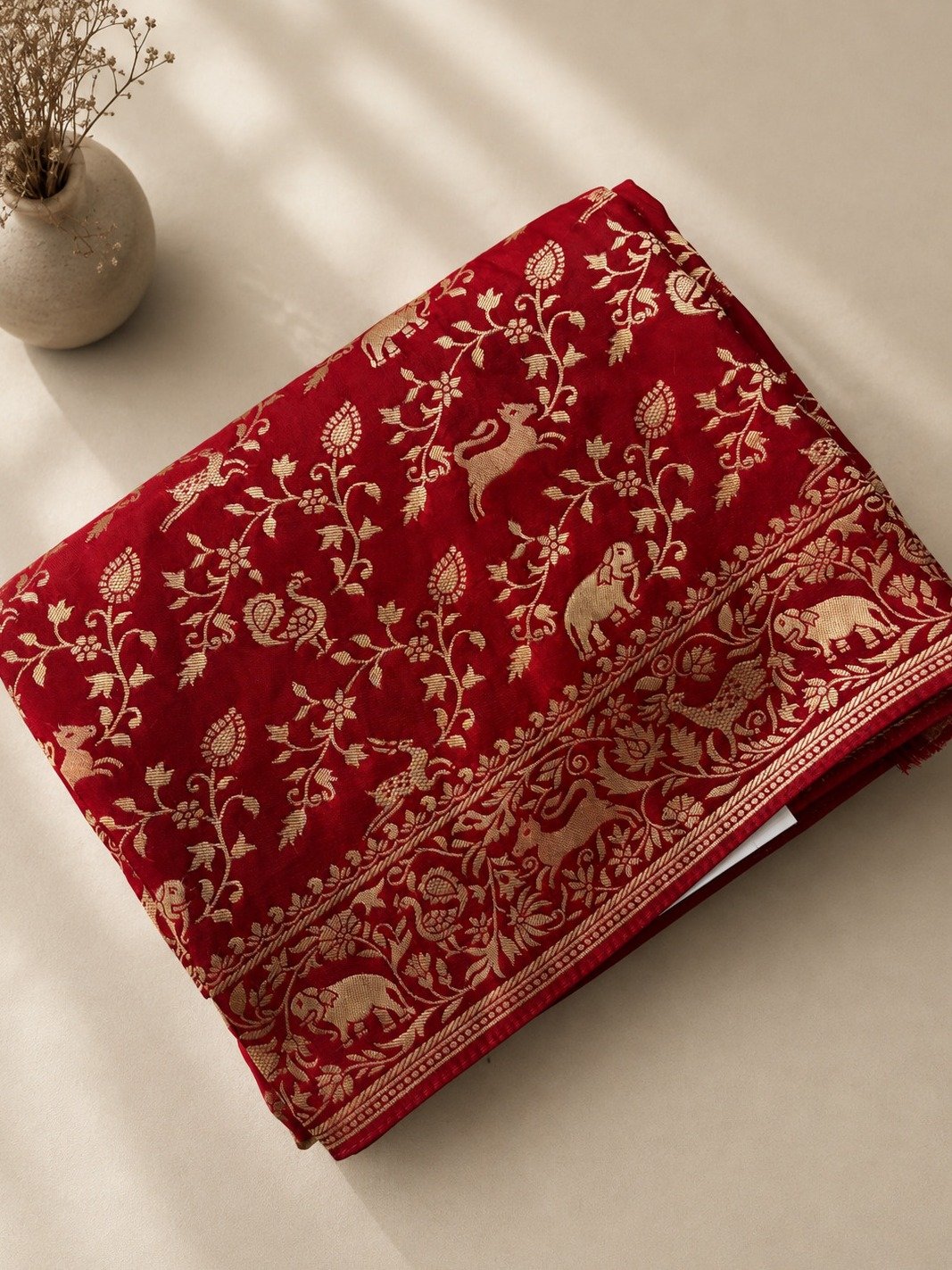 Red Banarasi Silk Saree with Floral Jaal & Animal Bird Motifs