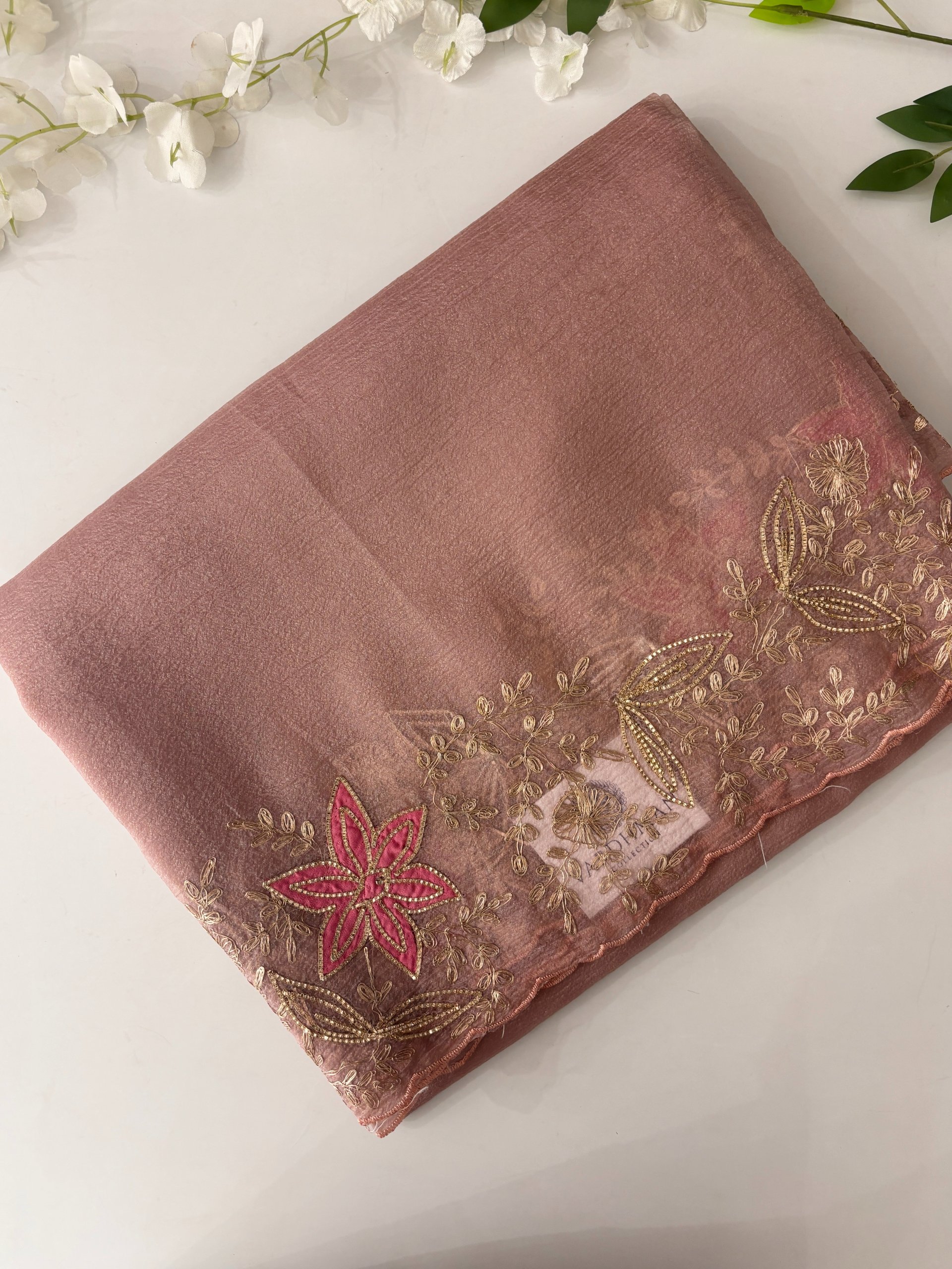 Mauve Pink Crush Tissue Georgette Saree with Pita Work 