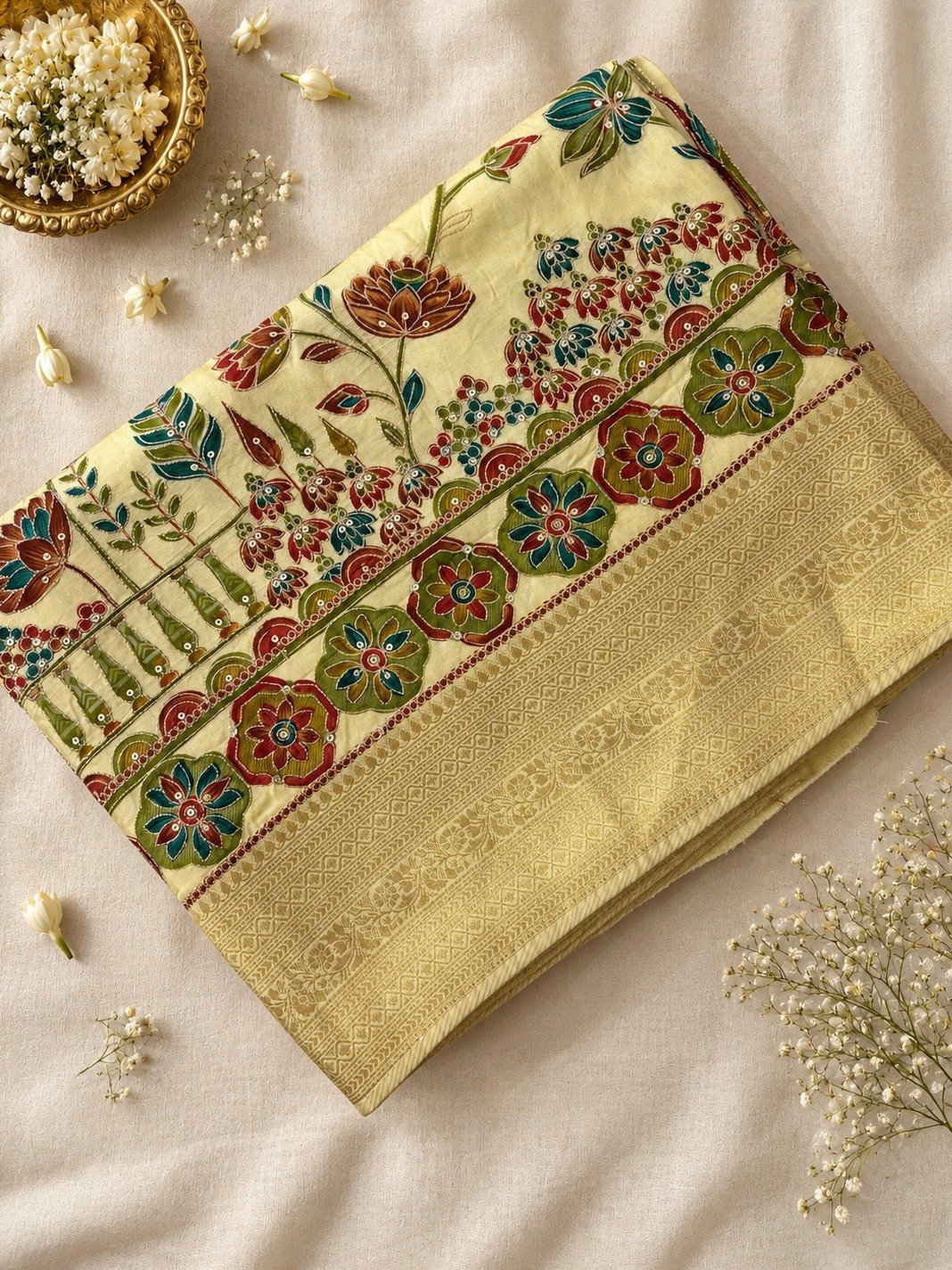 Cream Semi Pashmina Style Silk Saree with Work