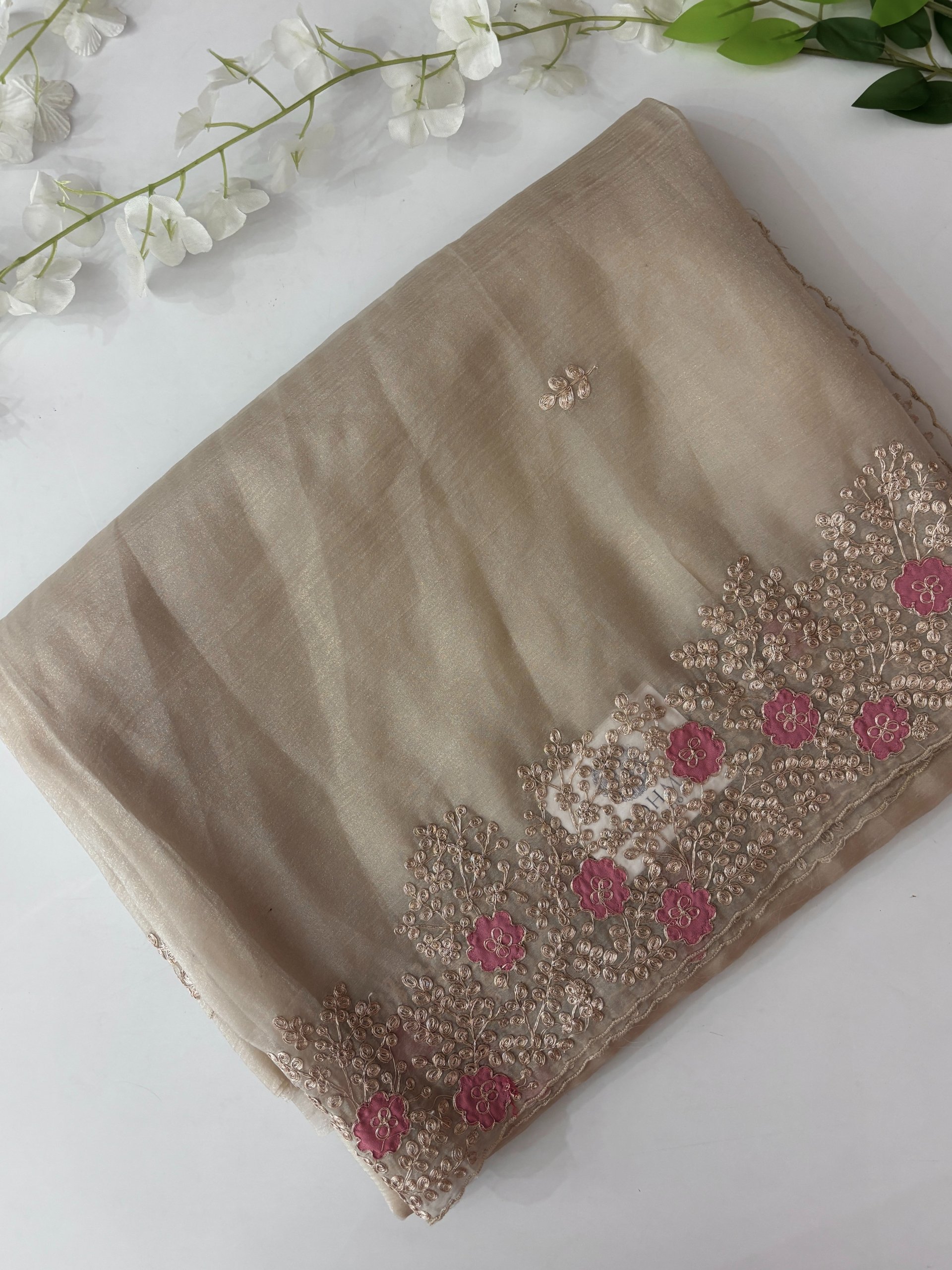 Beige Crush Tissue Georgette Saree with Pita Work 