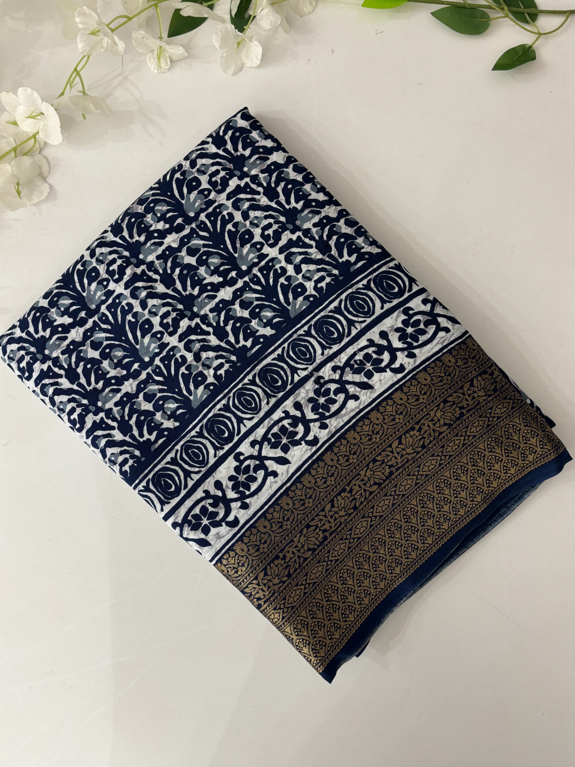 Indigo Batik Print Dola Silk Saree