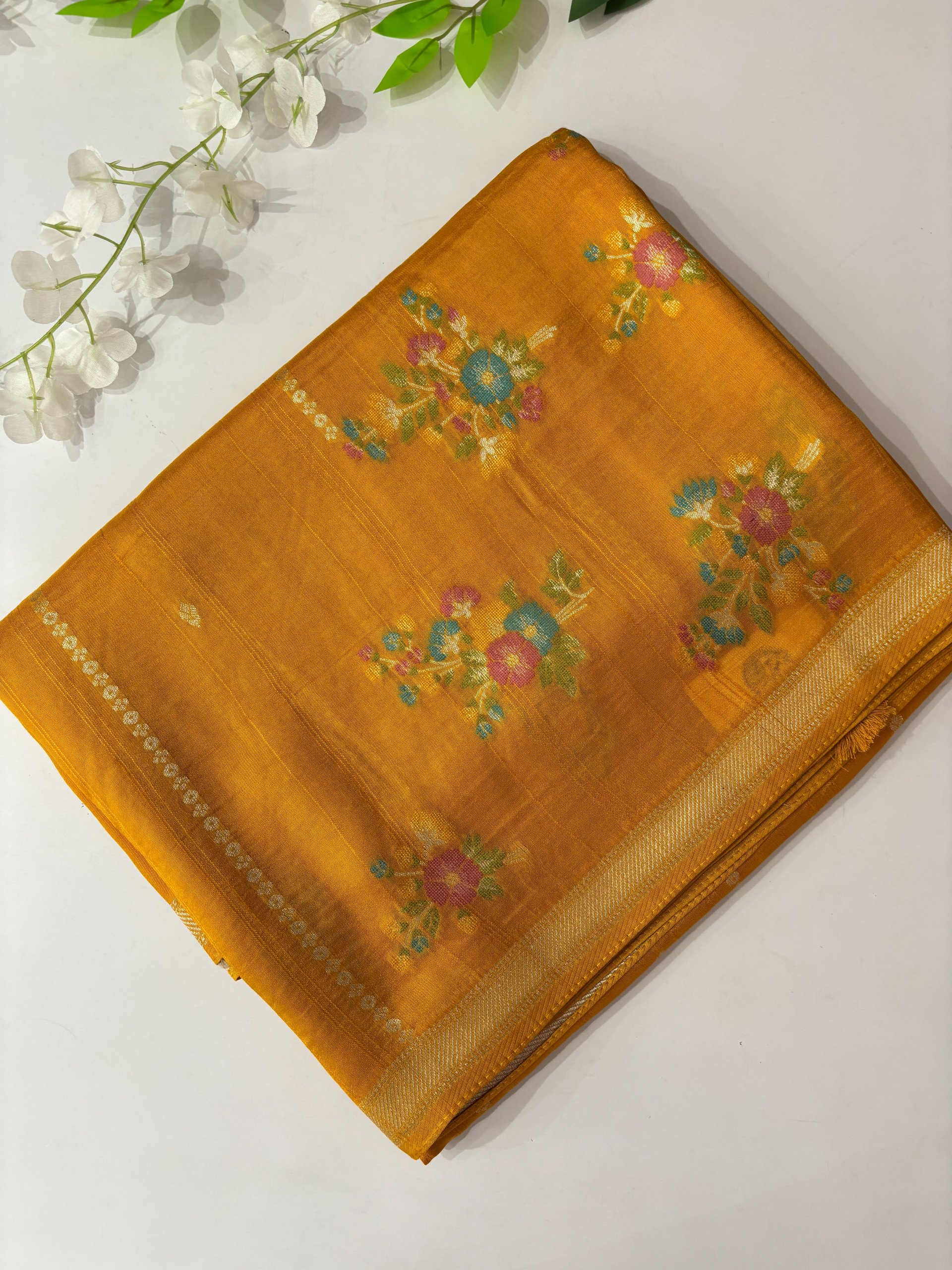 Yellow Small Border Banarasi Semi Tussar Silk Saree