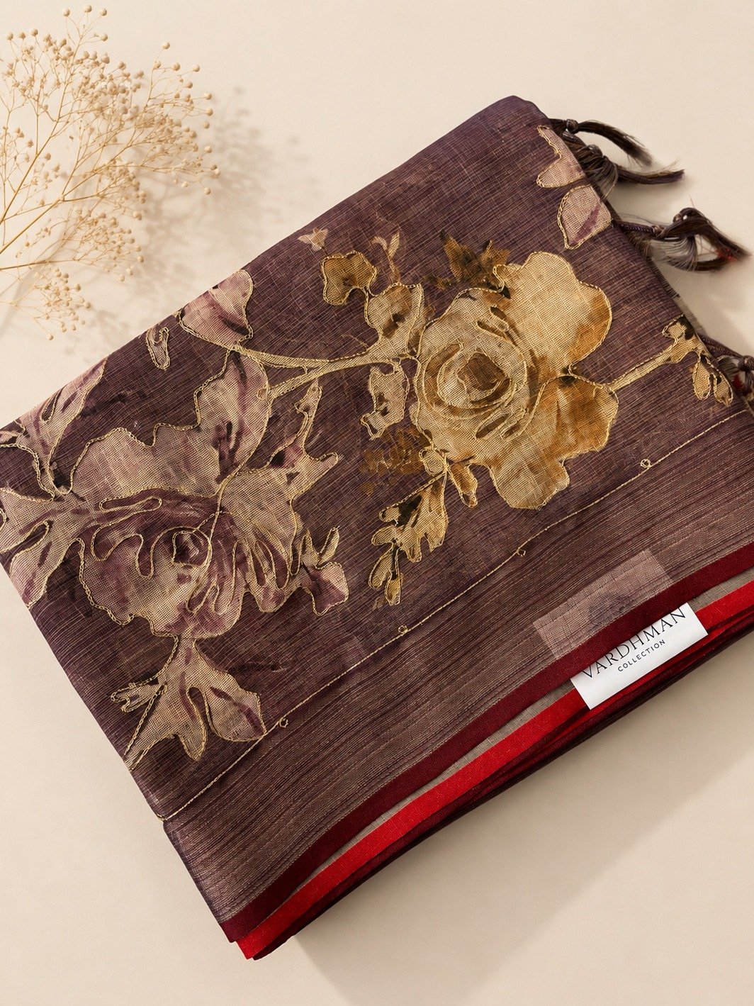 Dusty Onion Pink Linen Tissue Saree with Aari Work