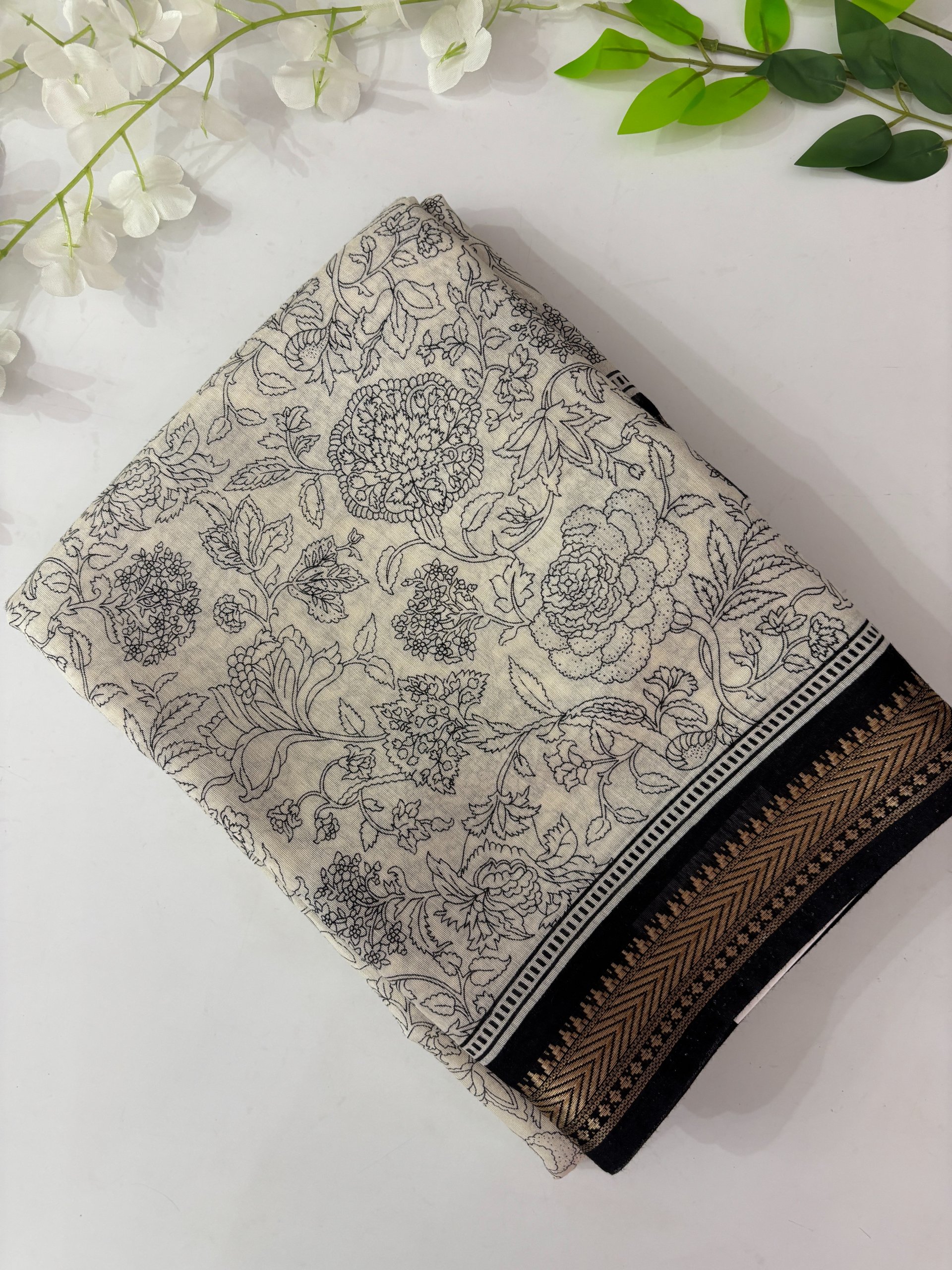 White and Black Chanderi Cotton Saree