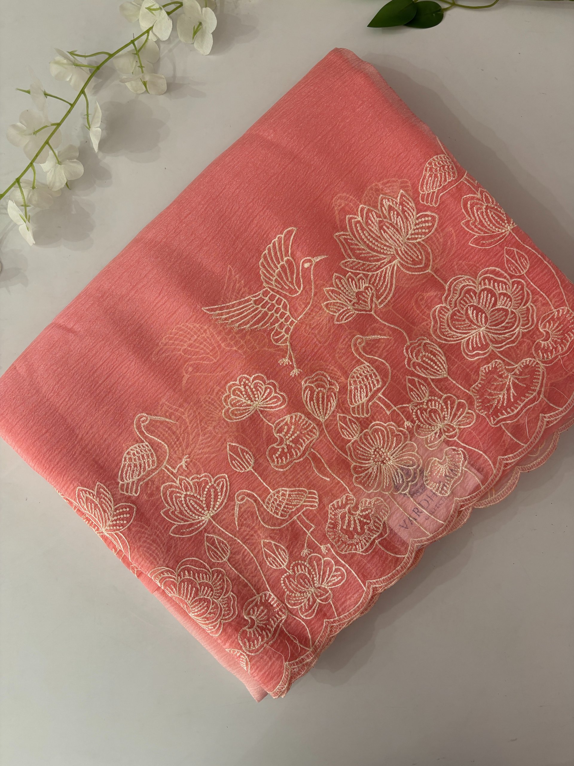 Peach Shaded Crush Tissue Georgette Saree with Embroidery