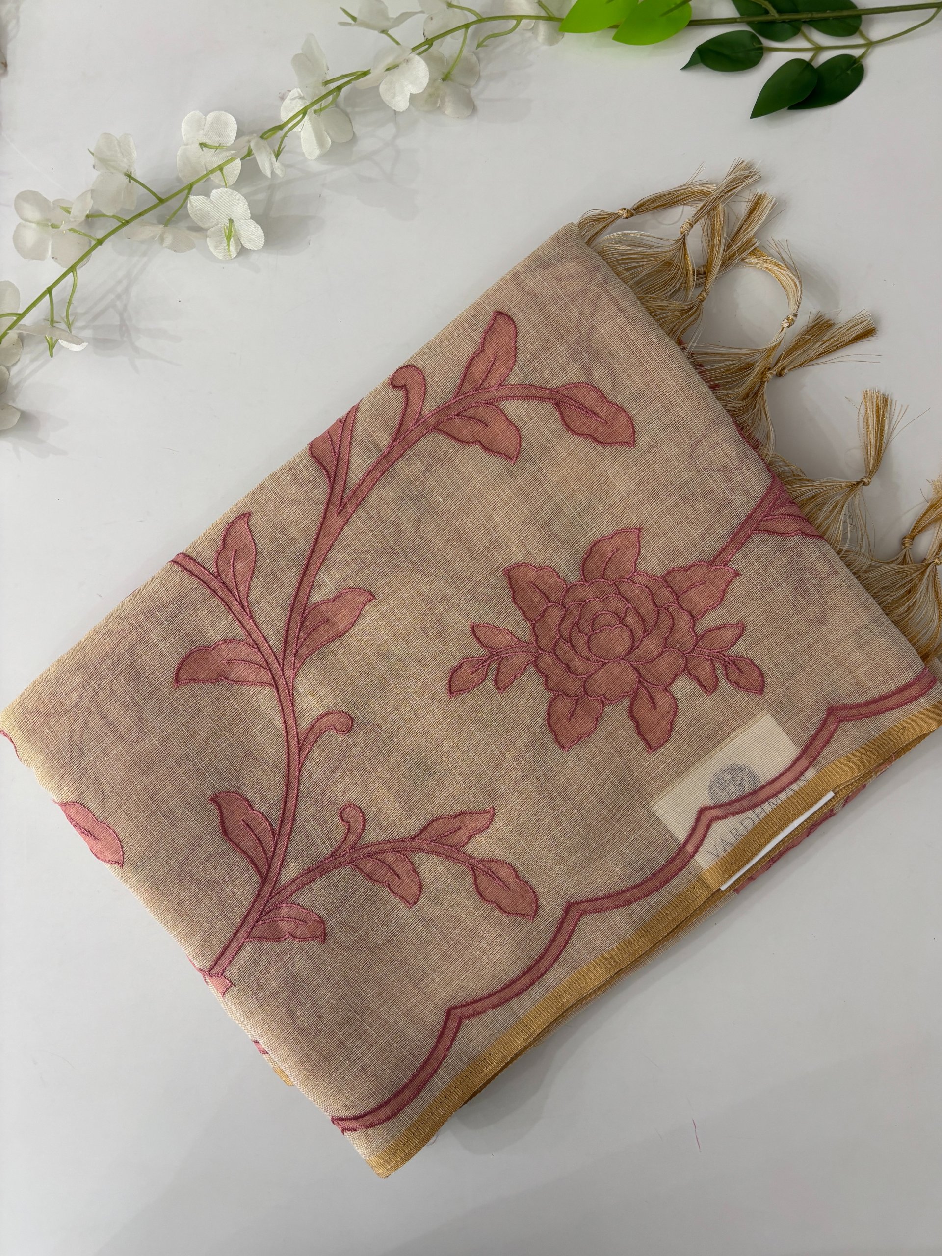 Cream with Pink Applique Work Saree.