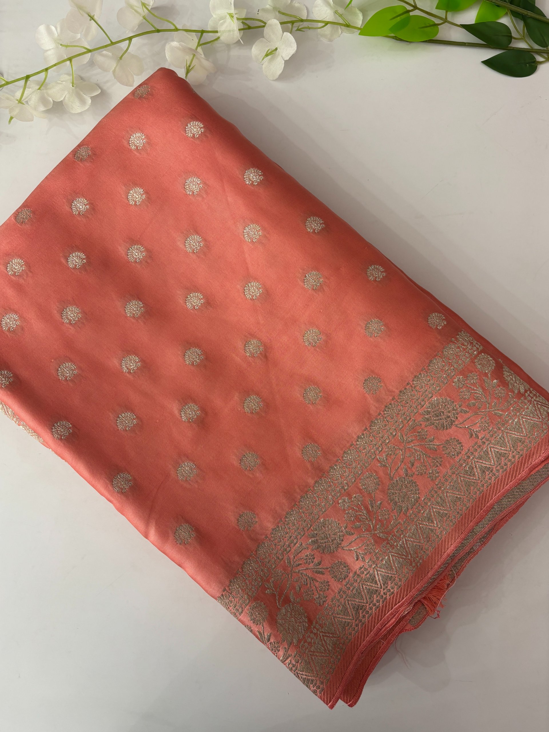 Light Peach Banarasi Mashru Silk Saree