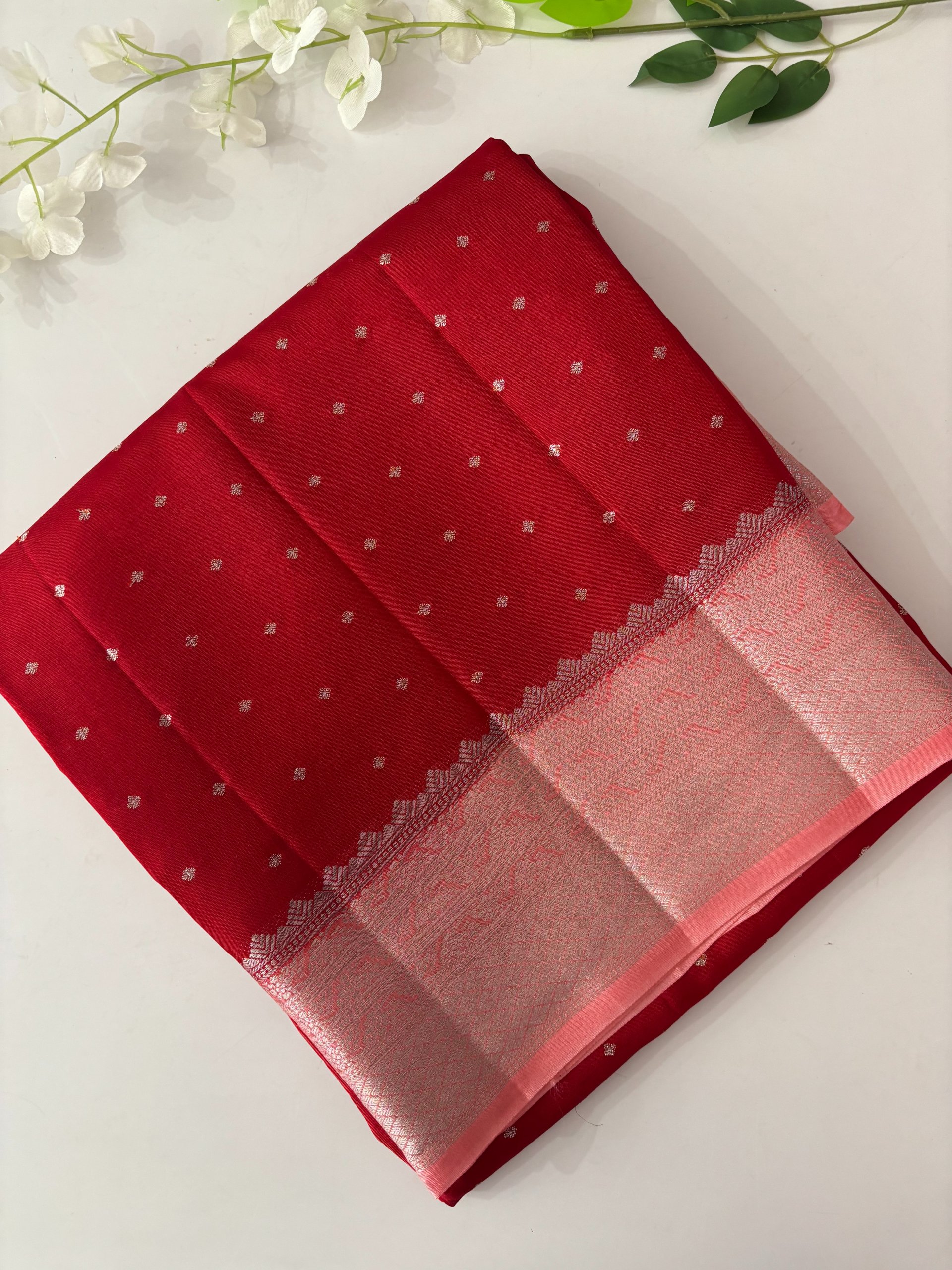 Red Contrast Dola Crepe Silk Saree