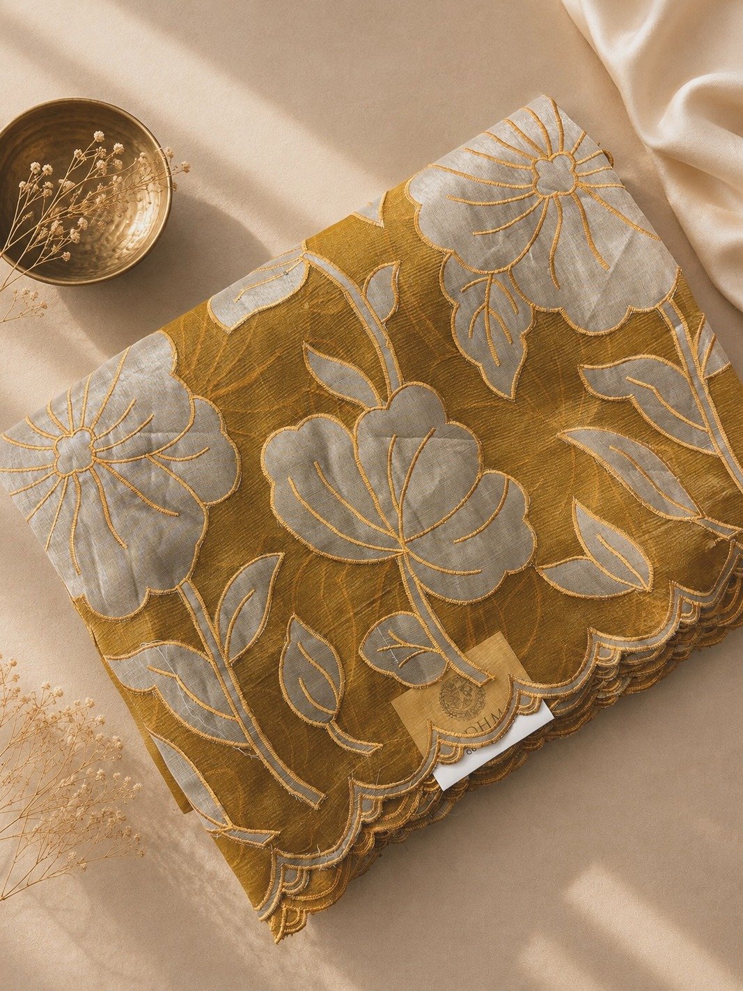 Mustard Tissue Organza Sarees with Appliqué Work Embroidery