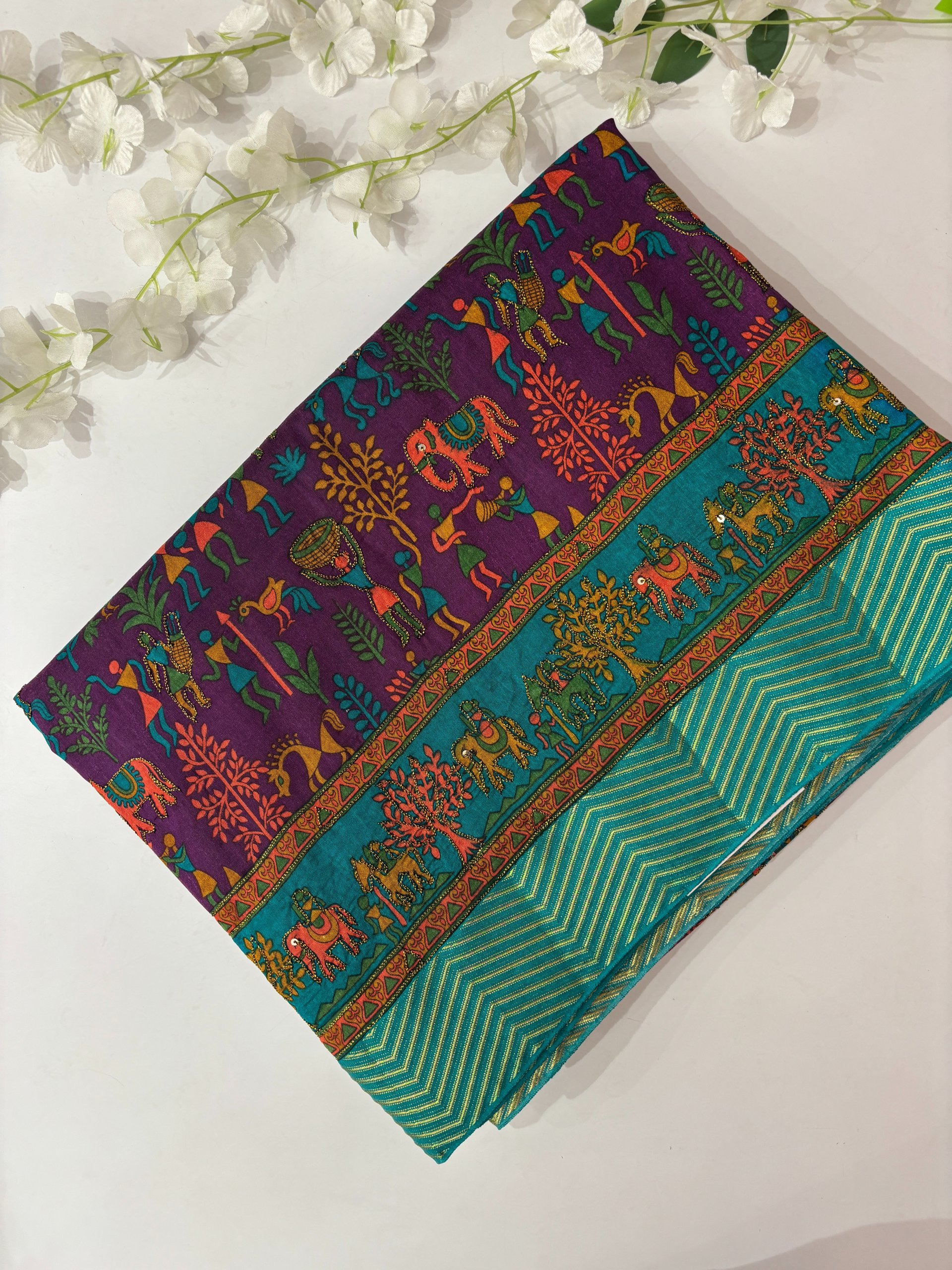 Purple Printed Tussar Silk Saree with Neem Zari Work