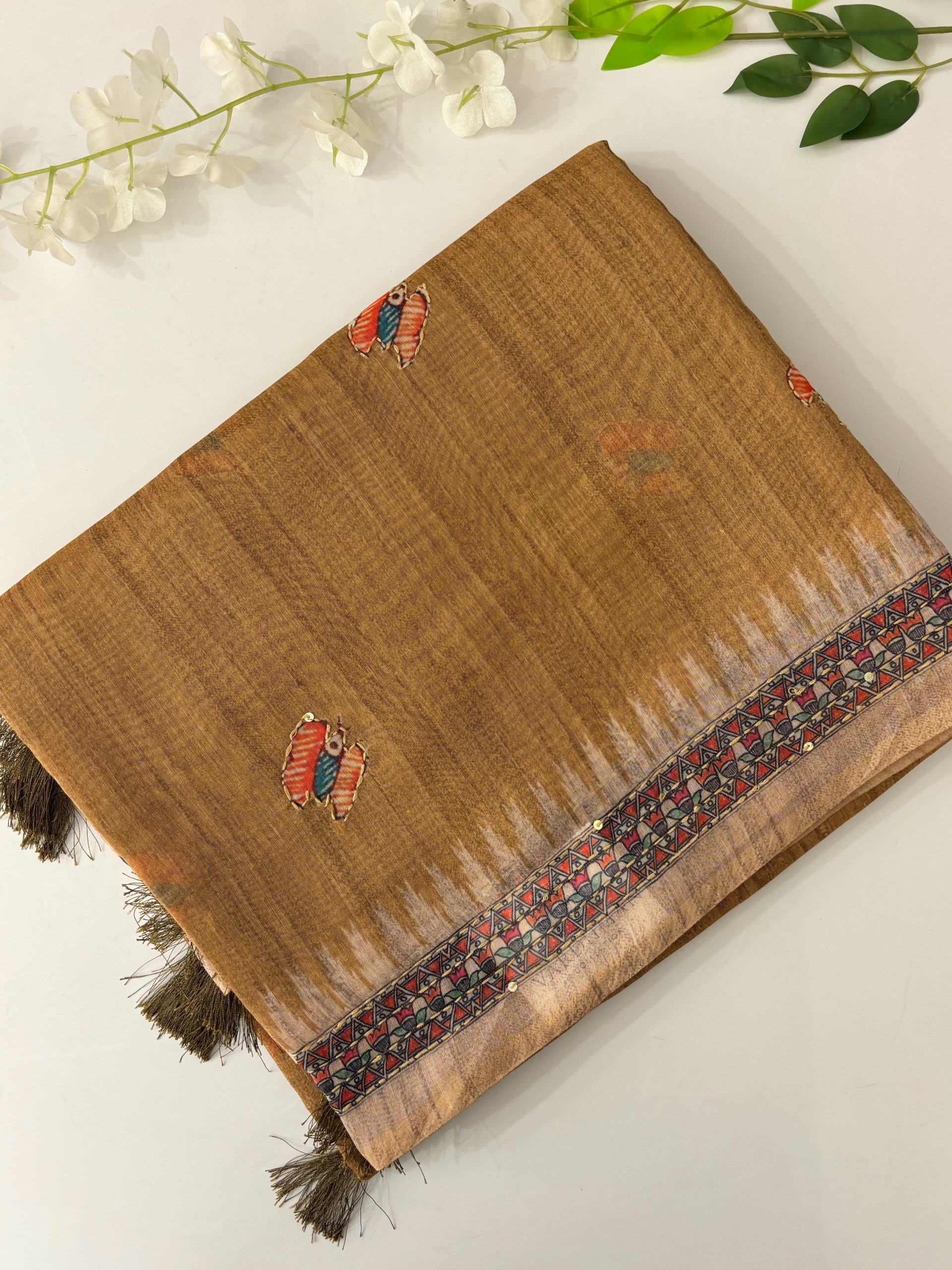 Mustard Madhubani Saree with Kantha Work 