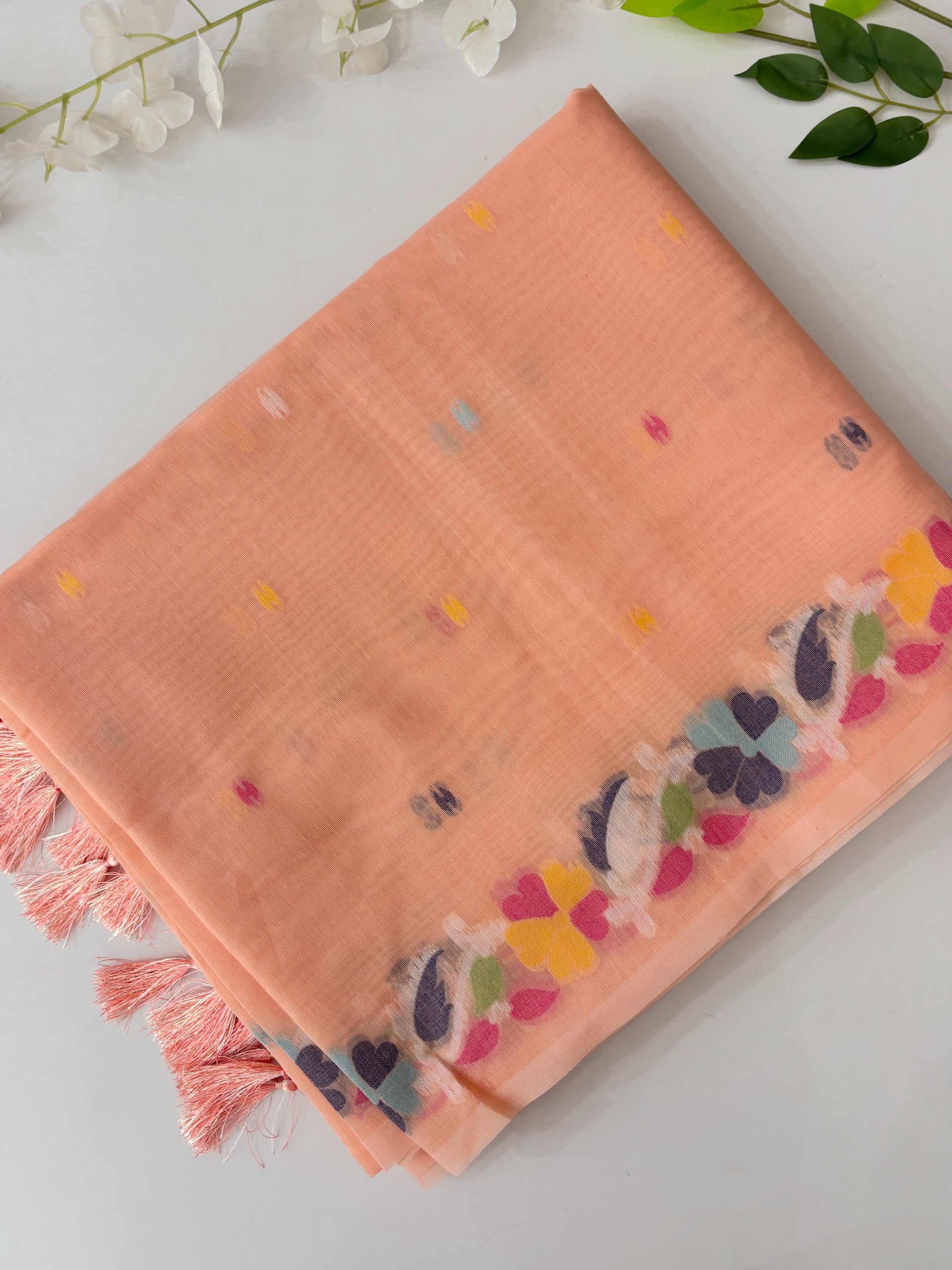 Light Peach Munga Cotton Jamdani Saree