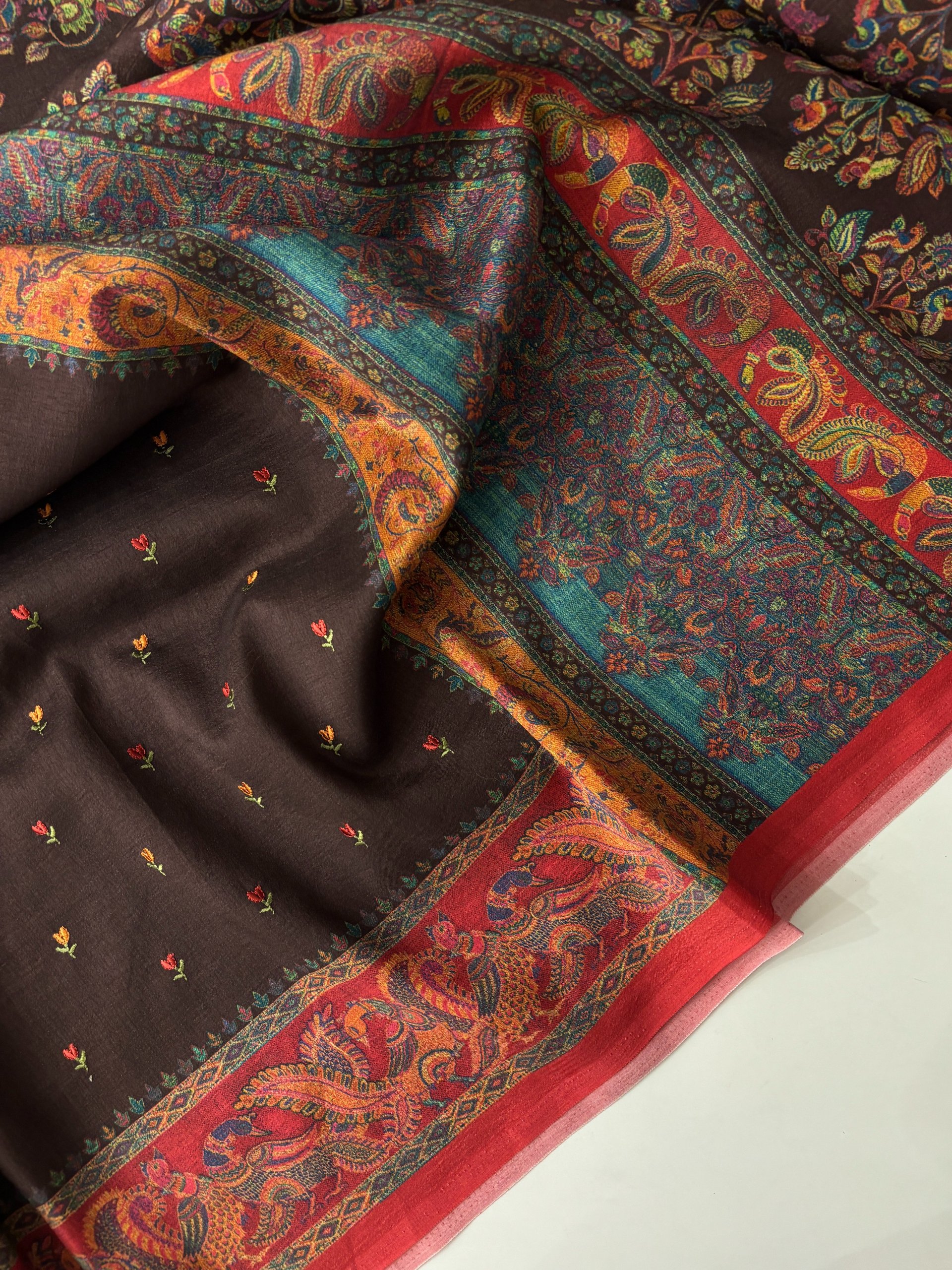 Dark Maroon Chapa Tusser Silk Sarees with Embroidery