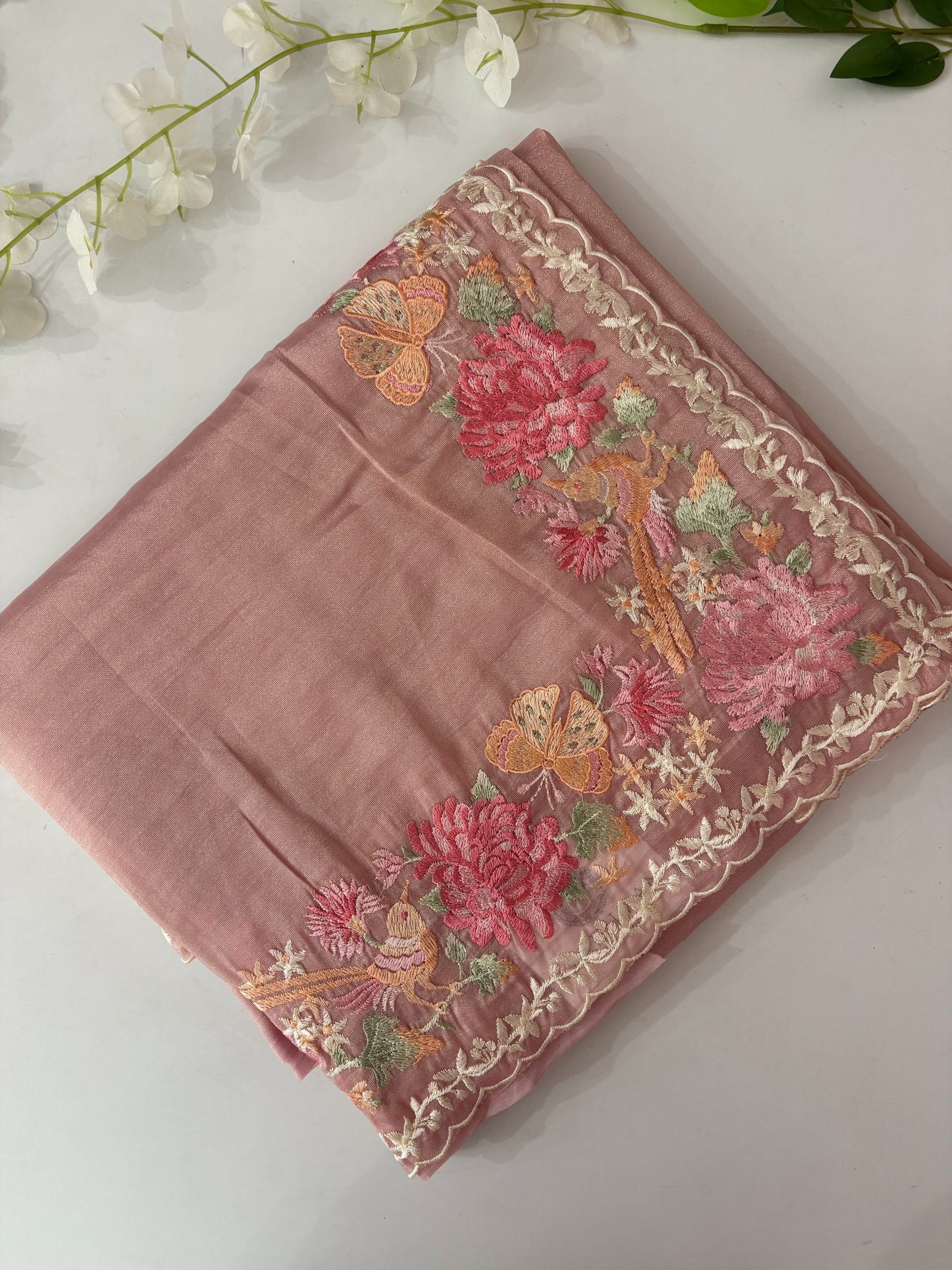 Mauve Pink Luxe Fancy Tissue Crepe Saree with Embroidery