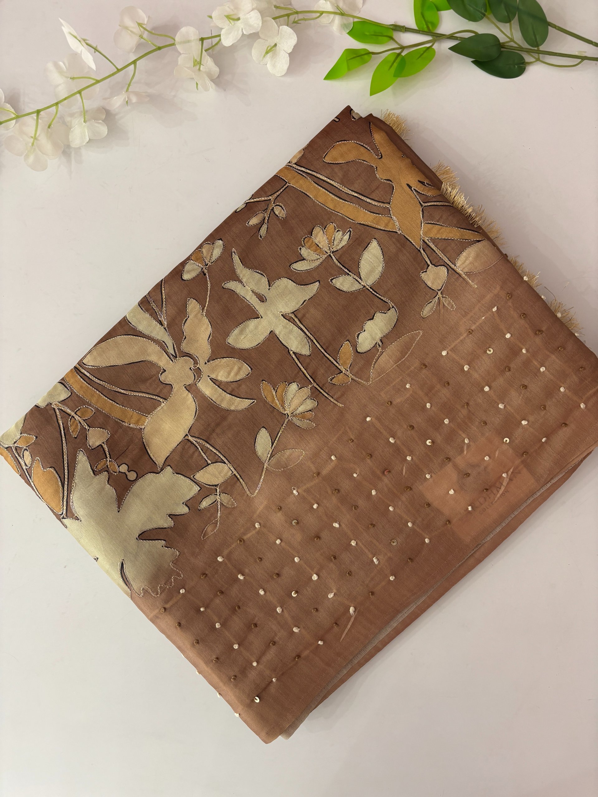 Printed Soft Tussar Silk Saree with Aari & Knot Work