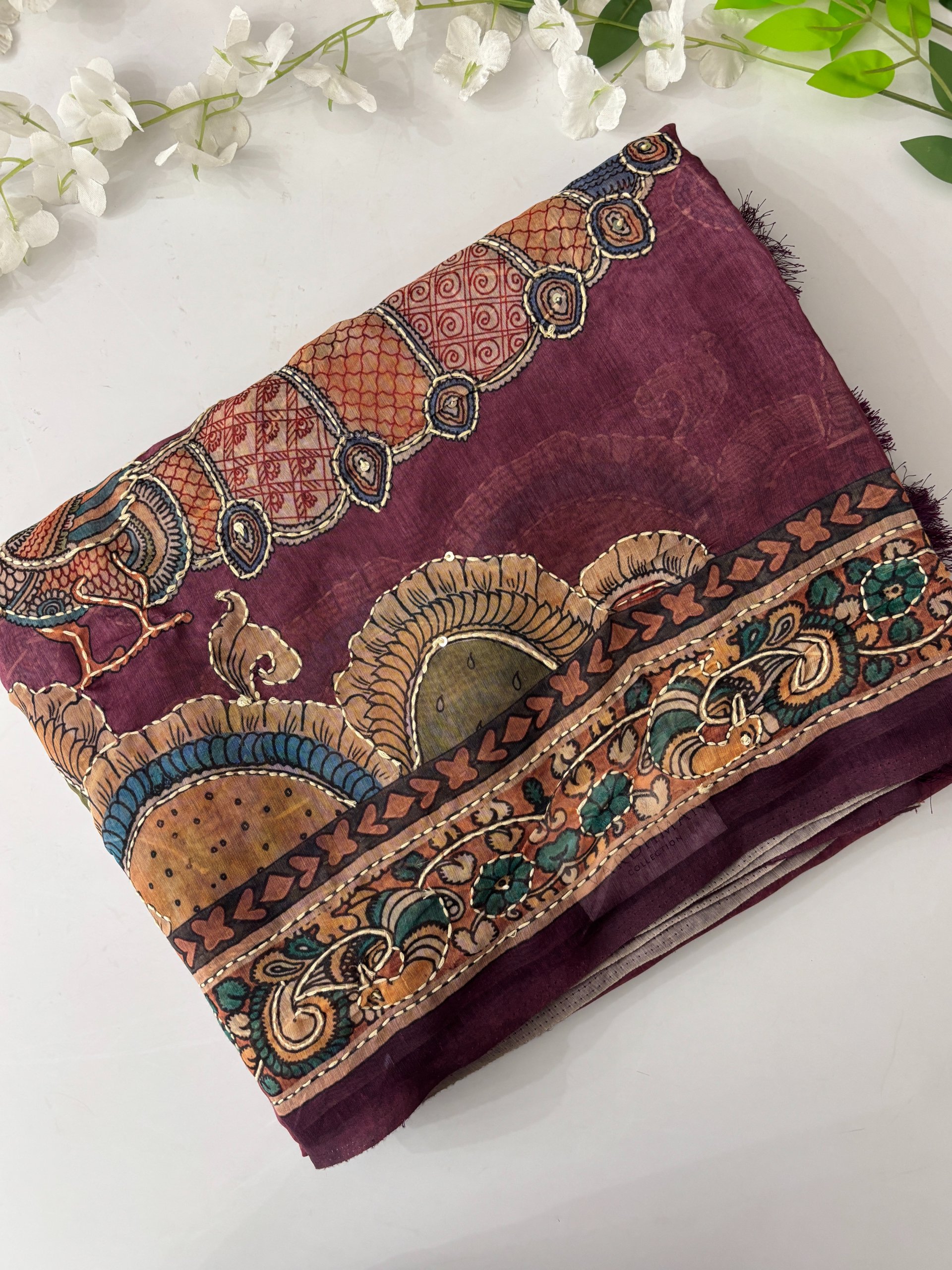 Dusty Onion Pink Kalamkari X Chanderi Cotton Saree with Kantha Work