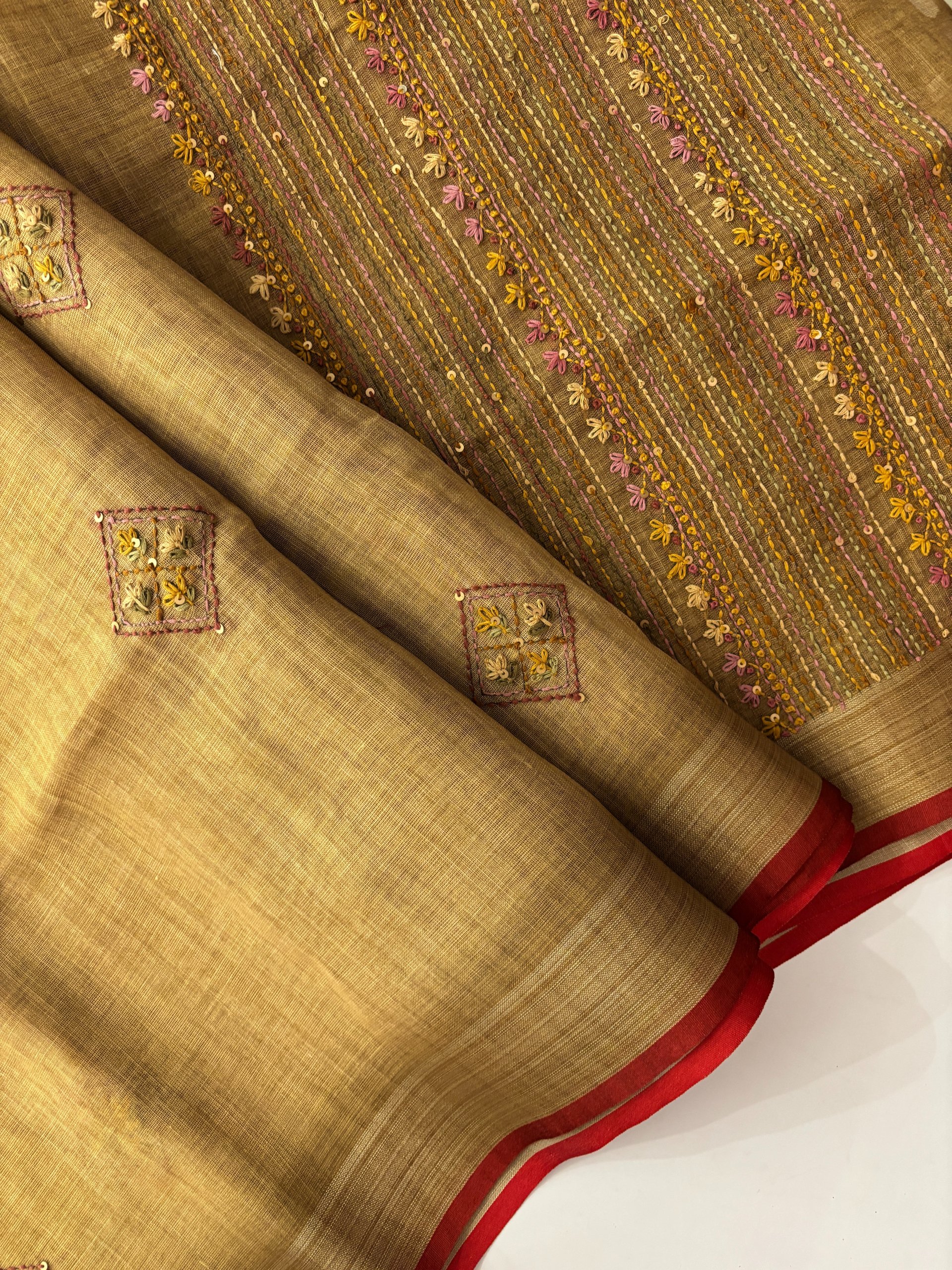 Mustard Linen Tissue Saree with Knot Work