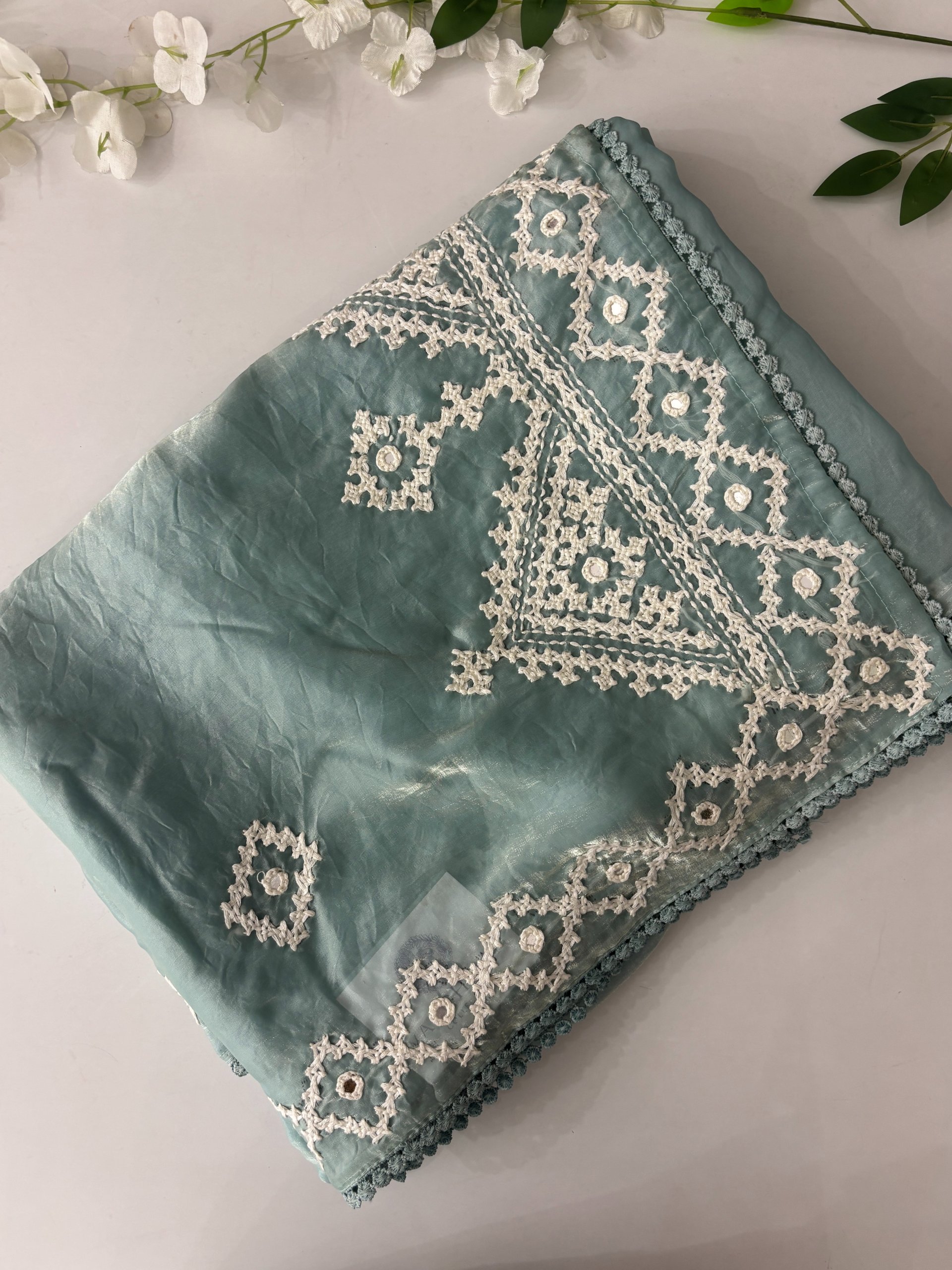 Light Blue Glass Tissue Organza Sarees with Kutch Work