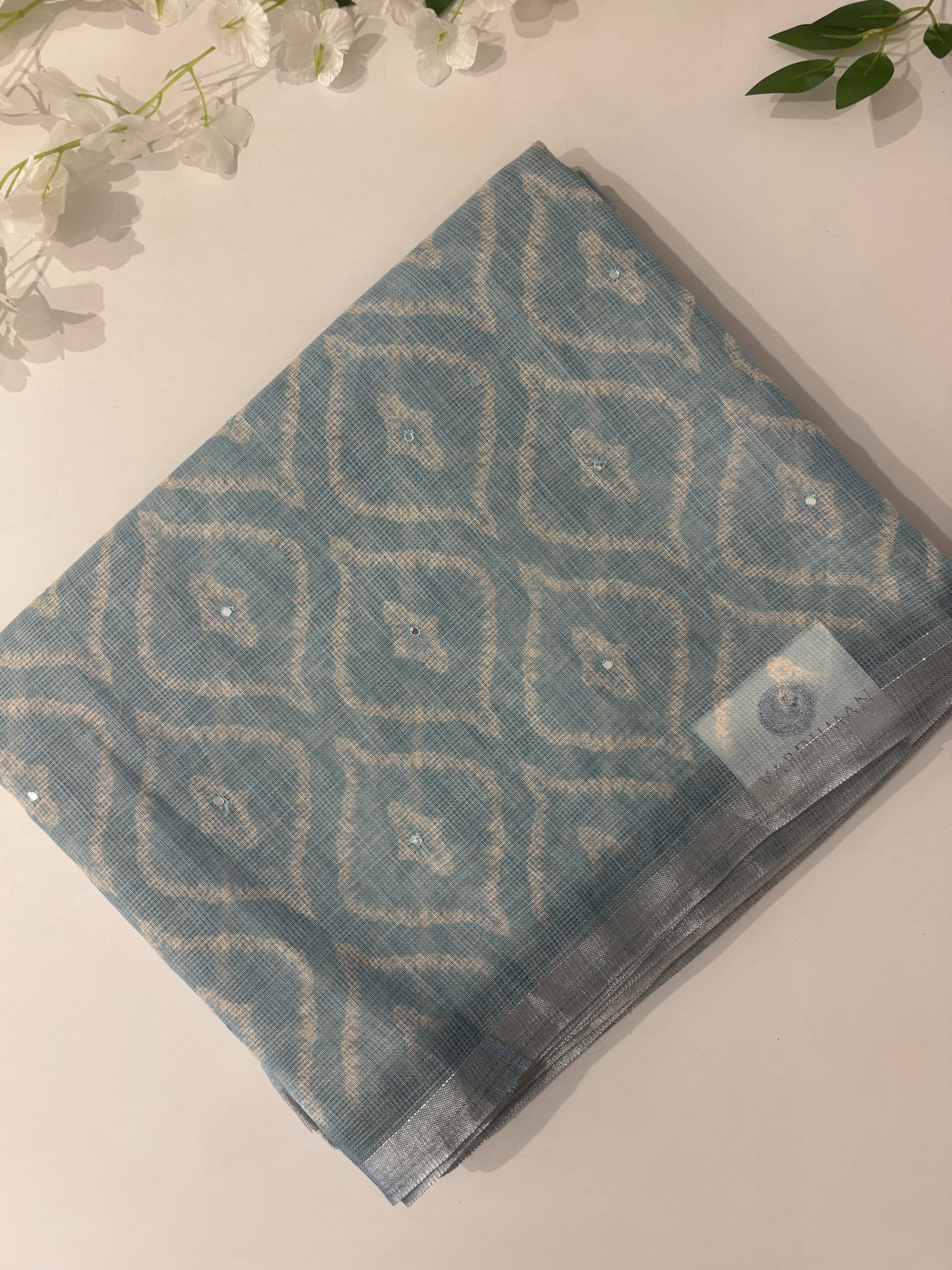 Light Blue Supernet Linen Sarees with Mirror Work