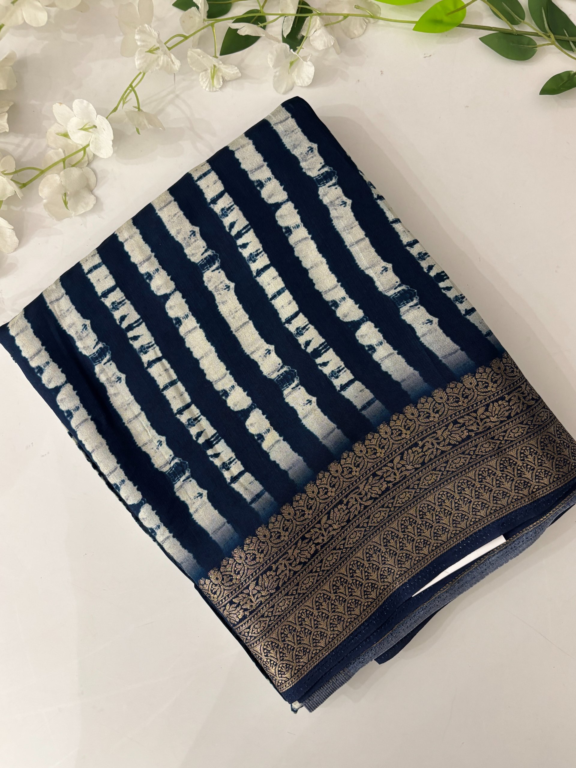 Navy Blue Ajrakh Dola Silk Saree