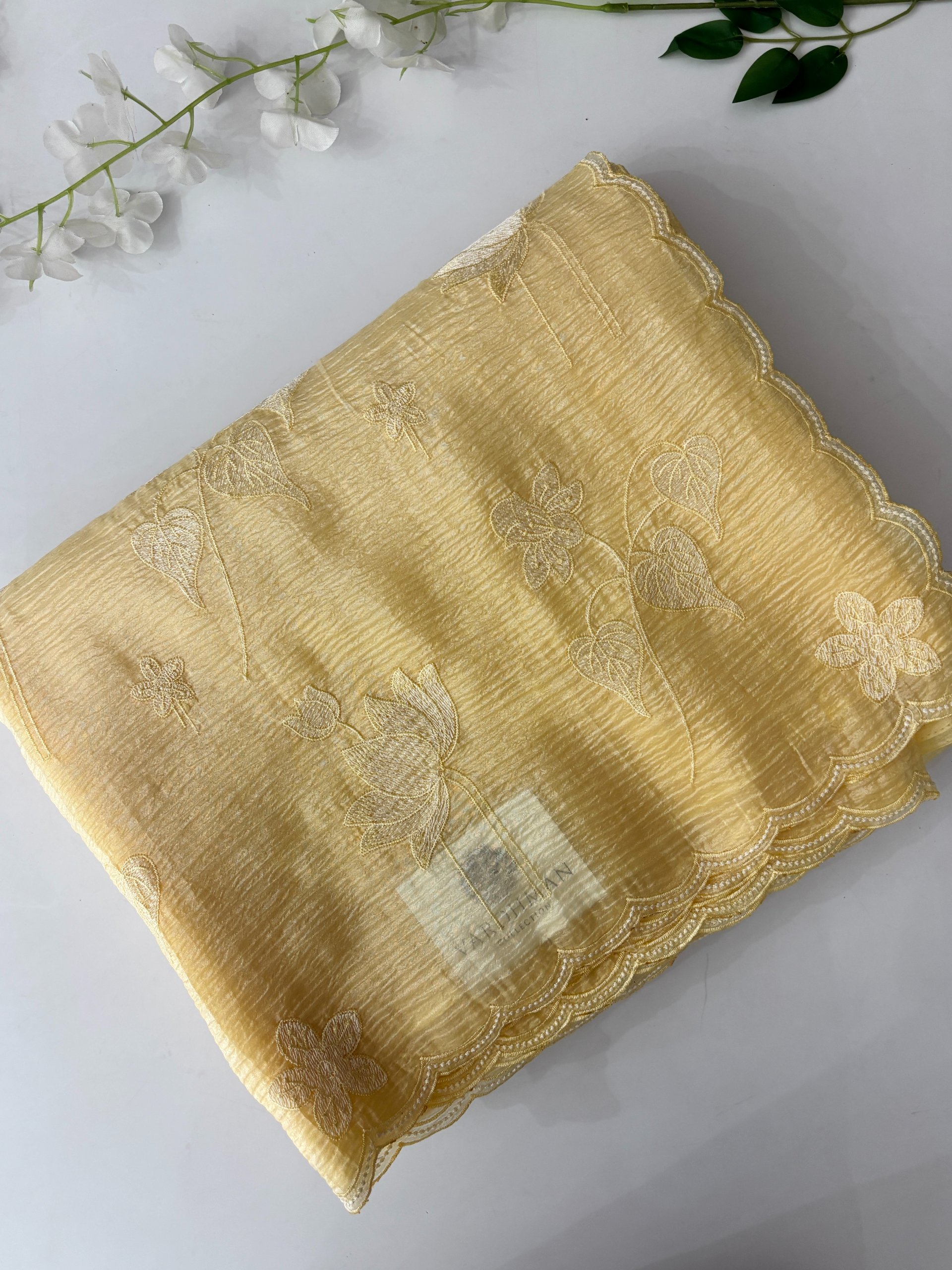 Light Yellow Shaded Crush Tissue Georgette Saree with Embroidery