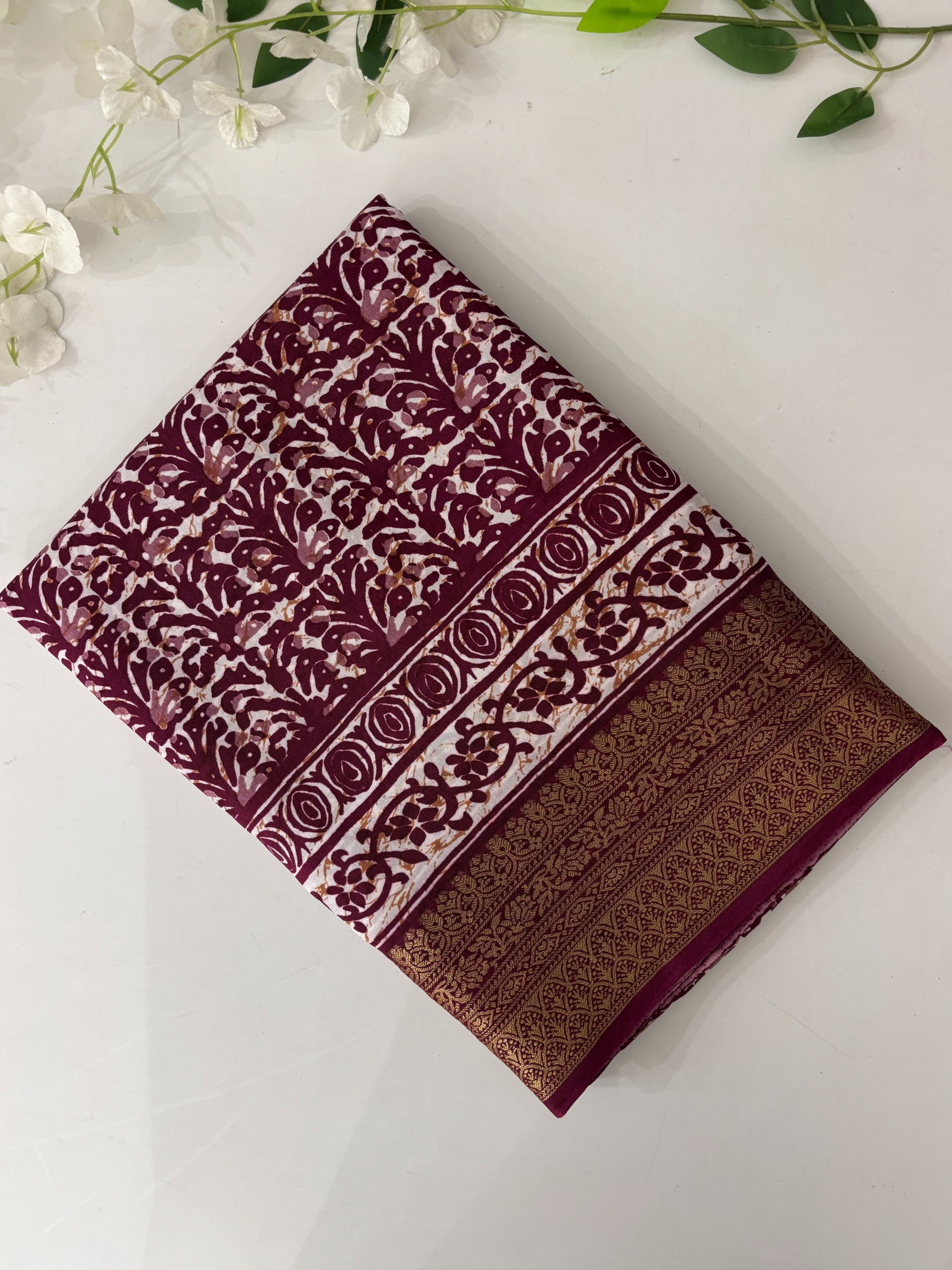 Wine Batik Print Dola Silk Saree