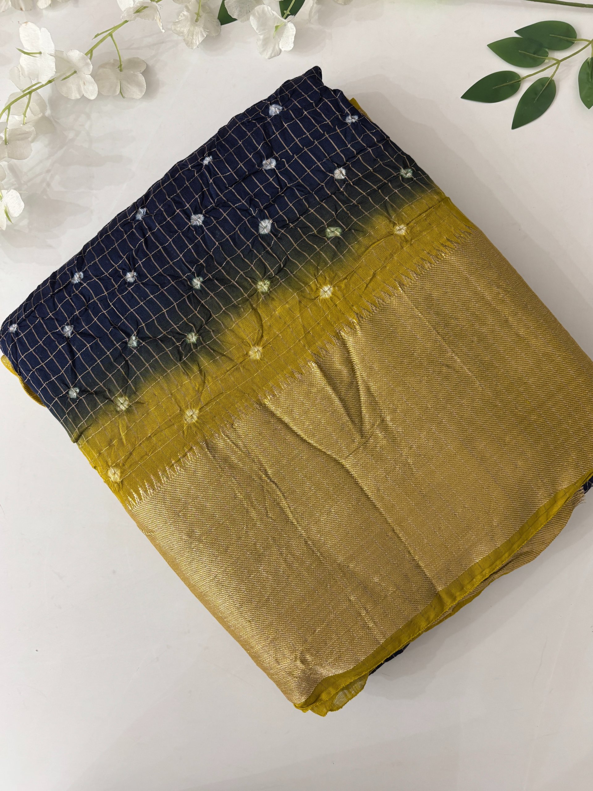 Navy Blue Chanderi Cotton Bandhani Saree