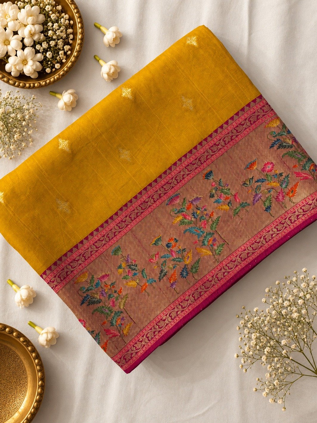 Yellow Banarasi Tussar Silk Saree