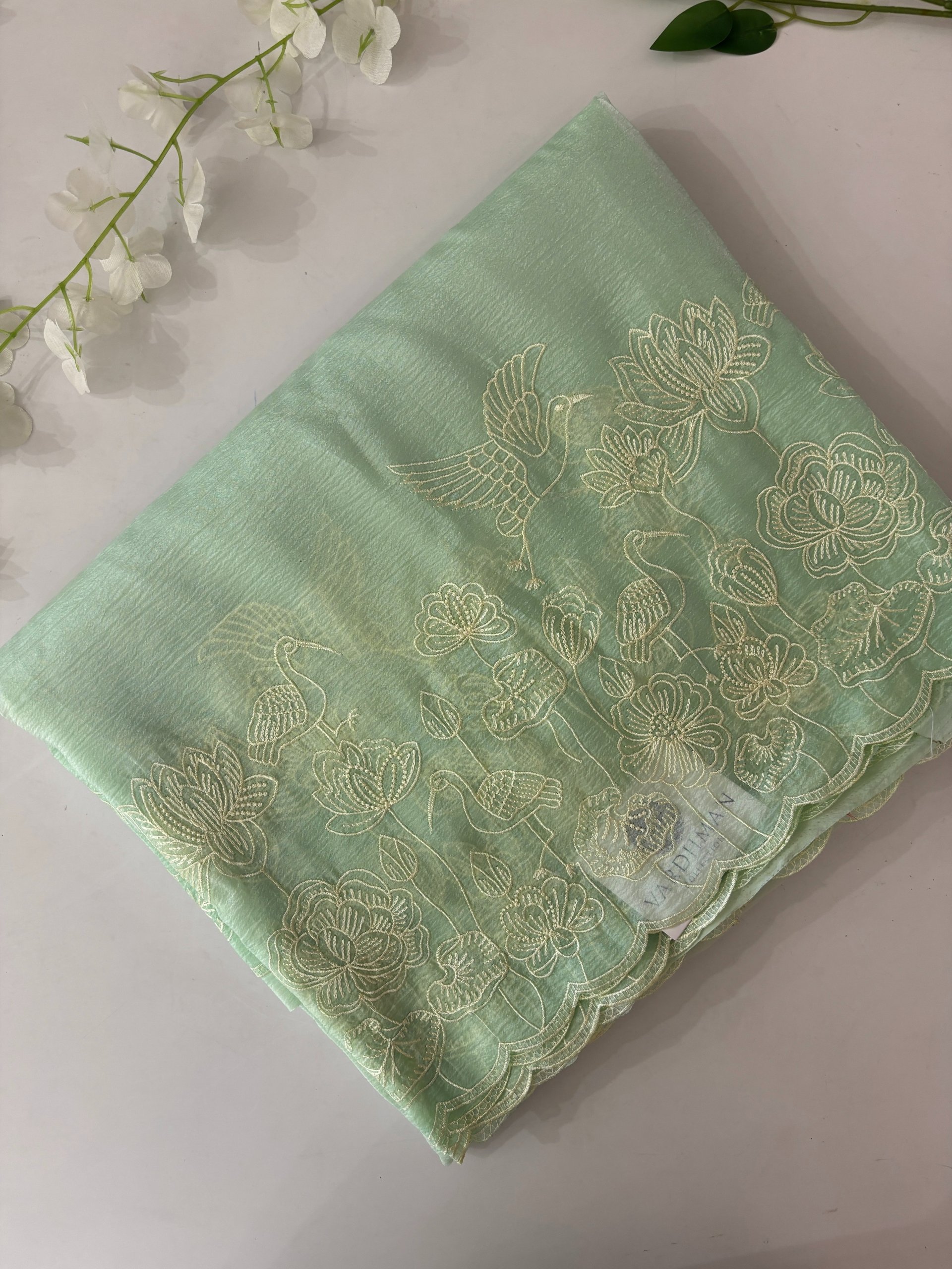 Light Green Shaded Crush Tissue Georgette Saree with Embroidery