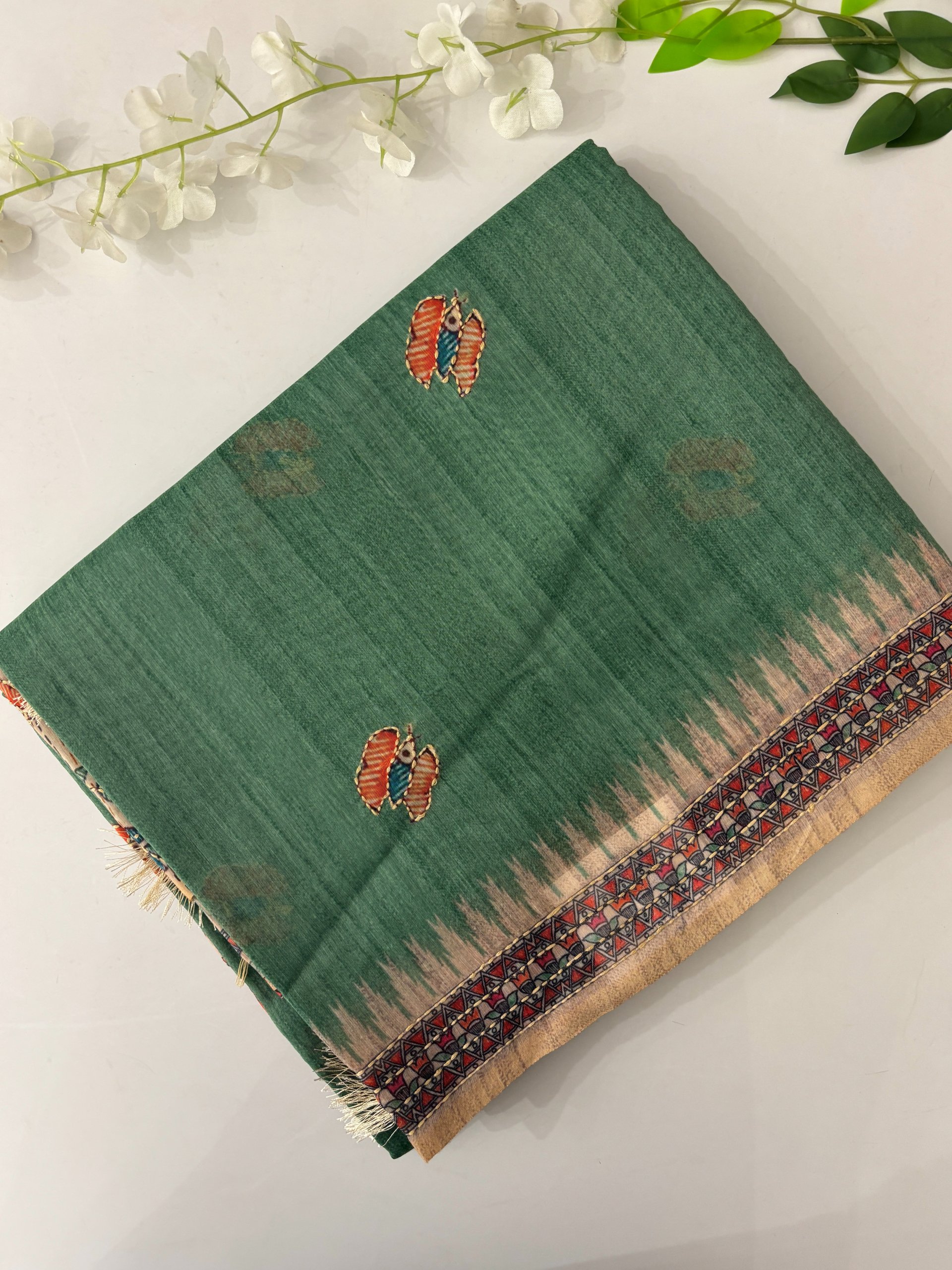 Green Madhubani Saree with Kantha Work