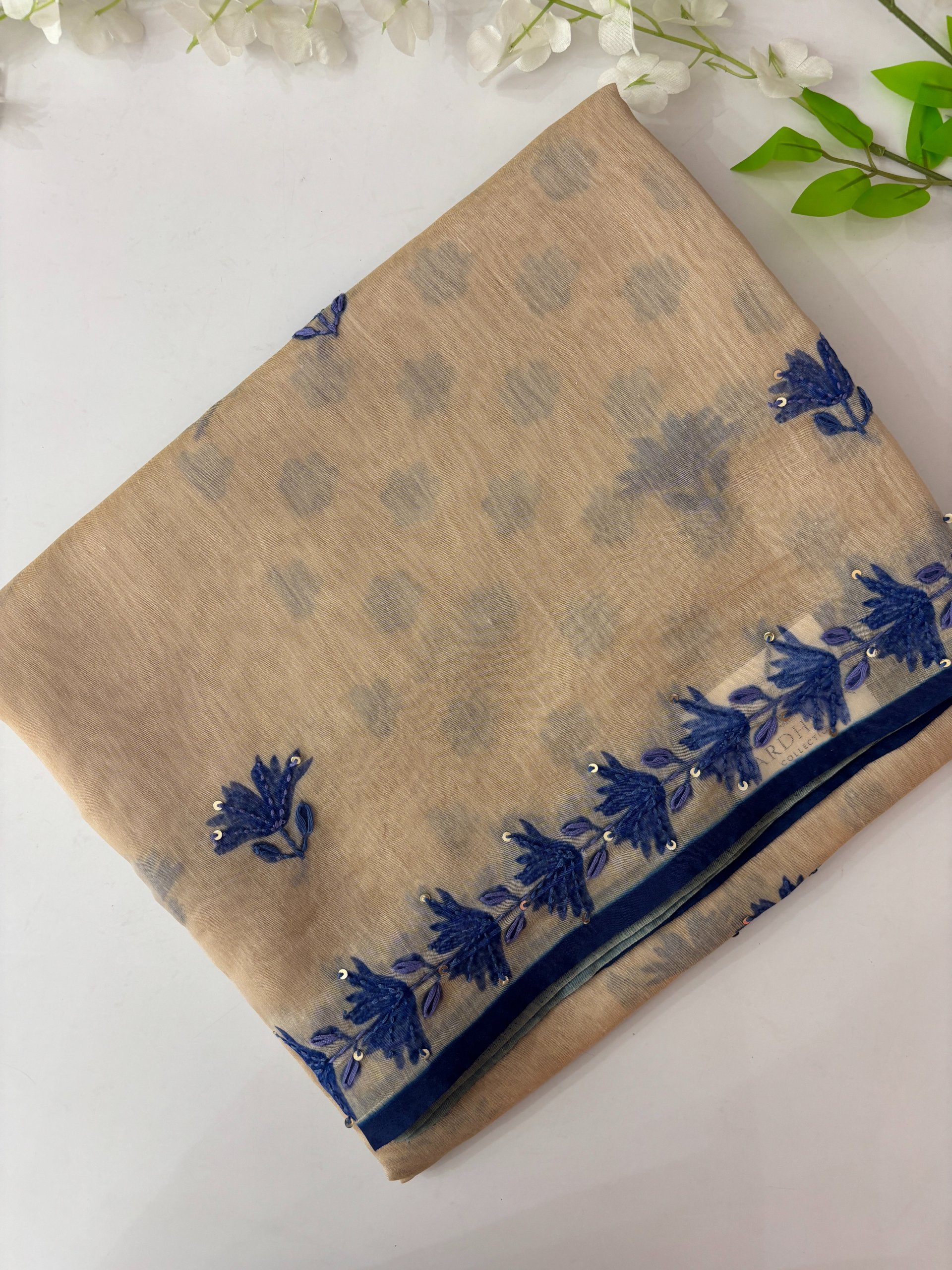 Off White Kantha Work Saree