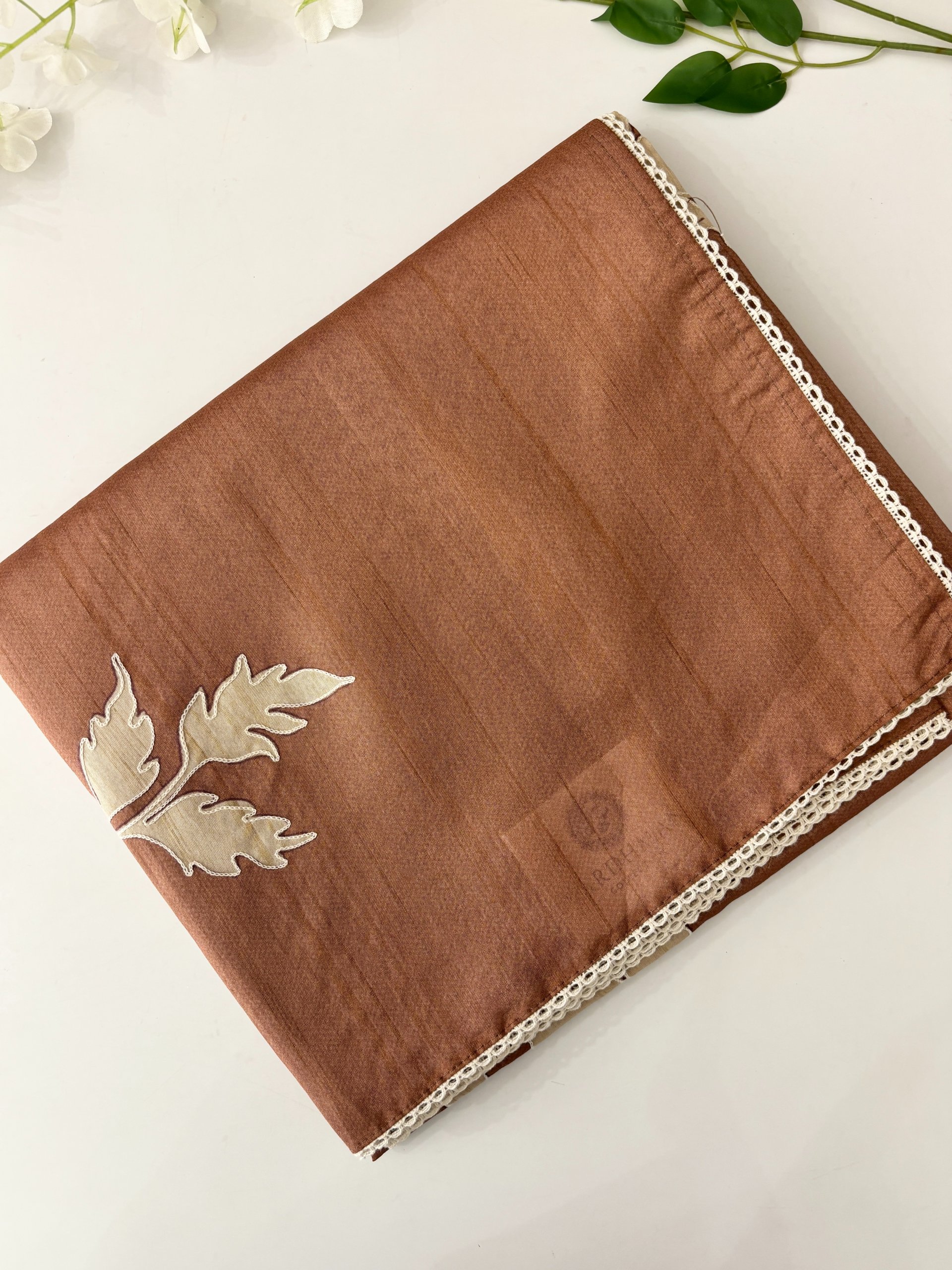 Rust Semi Printed Tussar Silk Sarees with Aari Work