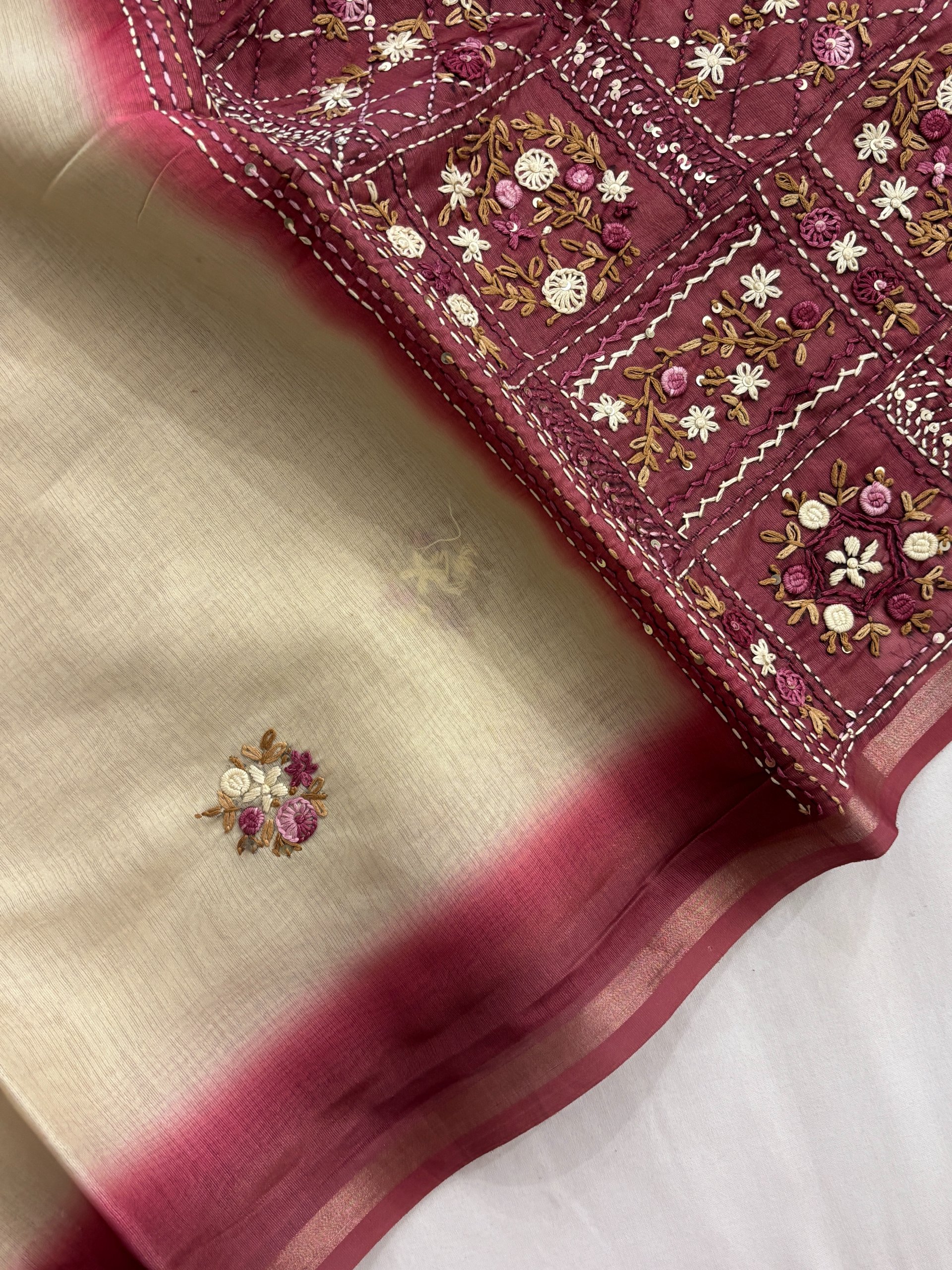 Maroon and Cream Tusser Organza Saree with Knot Work