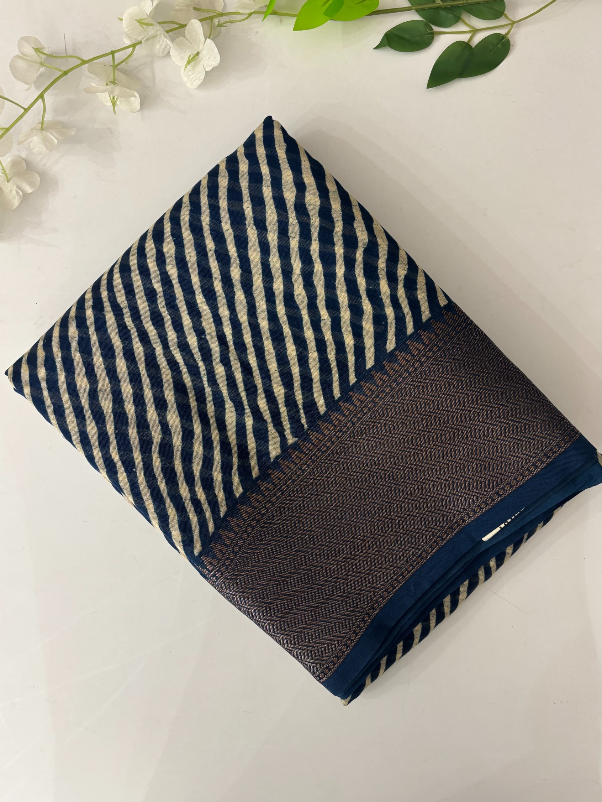 Indigo Lehariya Chanderi Cotton Saree