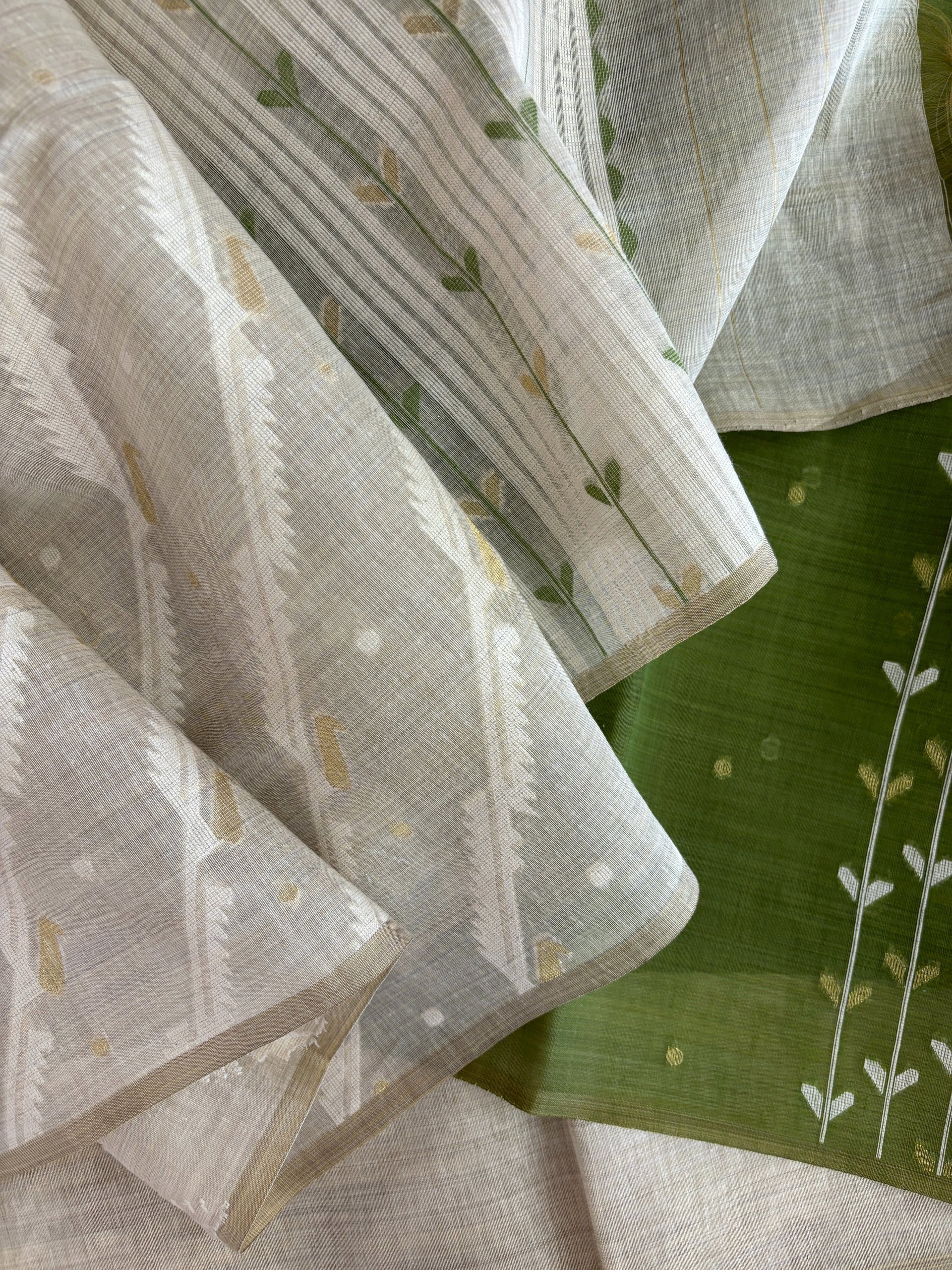 Cream Jamdani Saree with Green Blouse