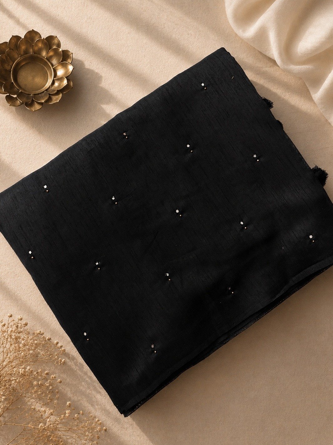 Black Raw Silk Saree with Mirror Work