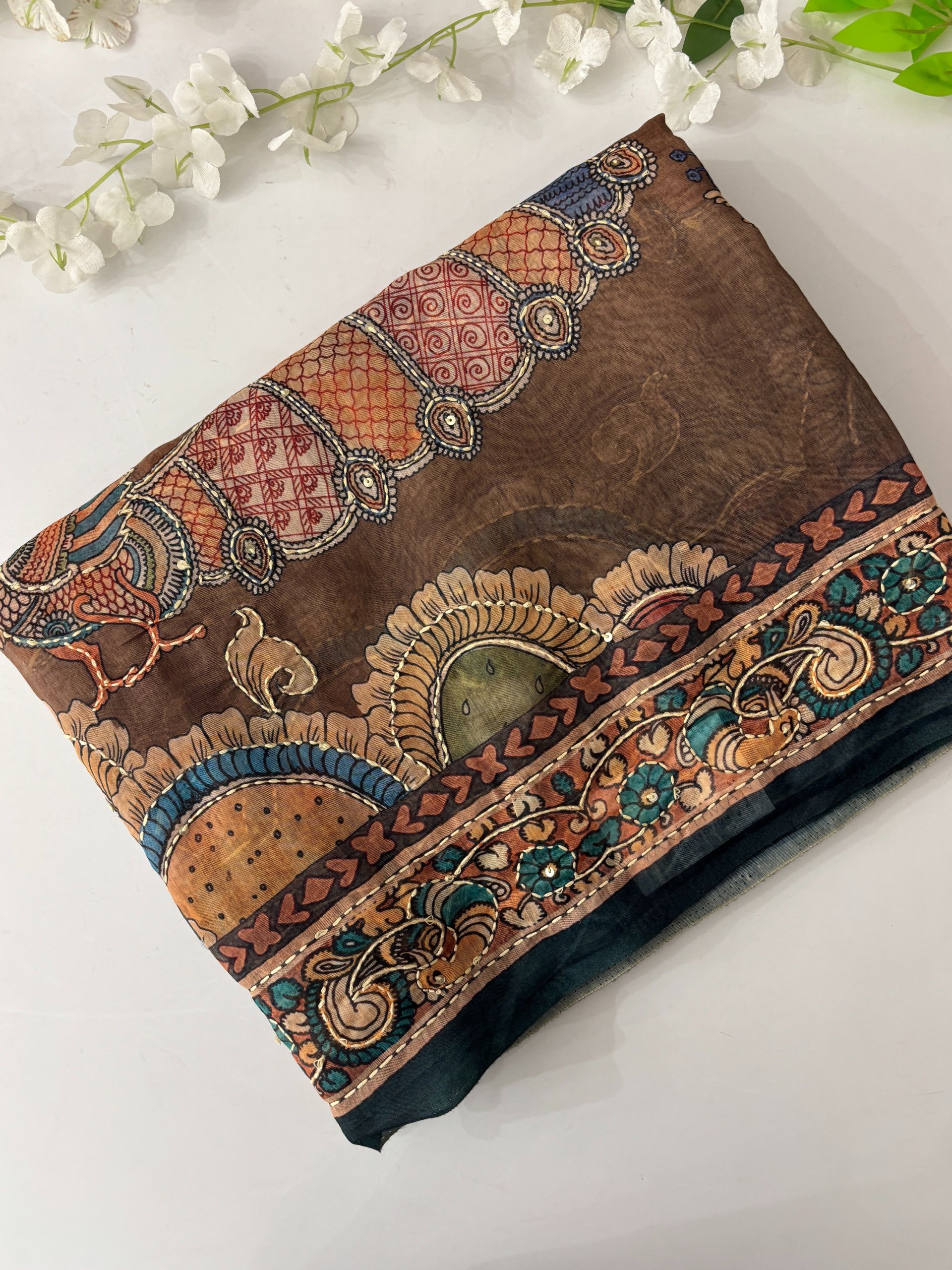 Dusty Mustard Kalamkari X Chanderi Cotton Saree with Kantha Work