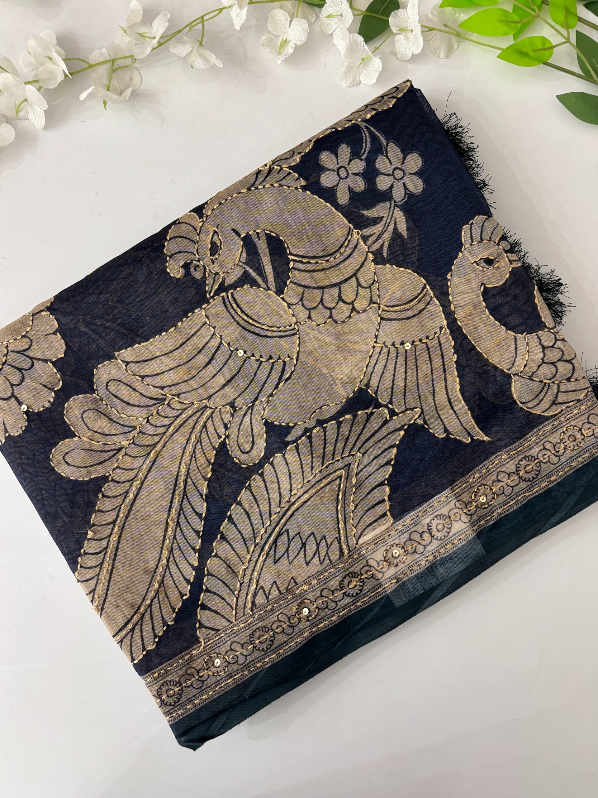 Navy Blue Kalamkari X Chanderi Cotton Saree with Kantha Work