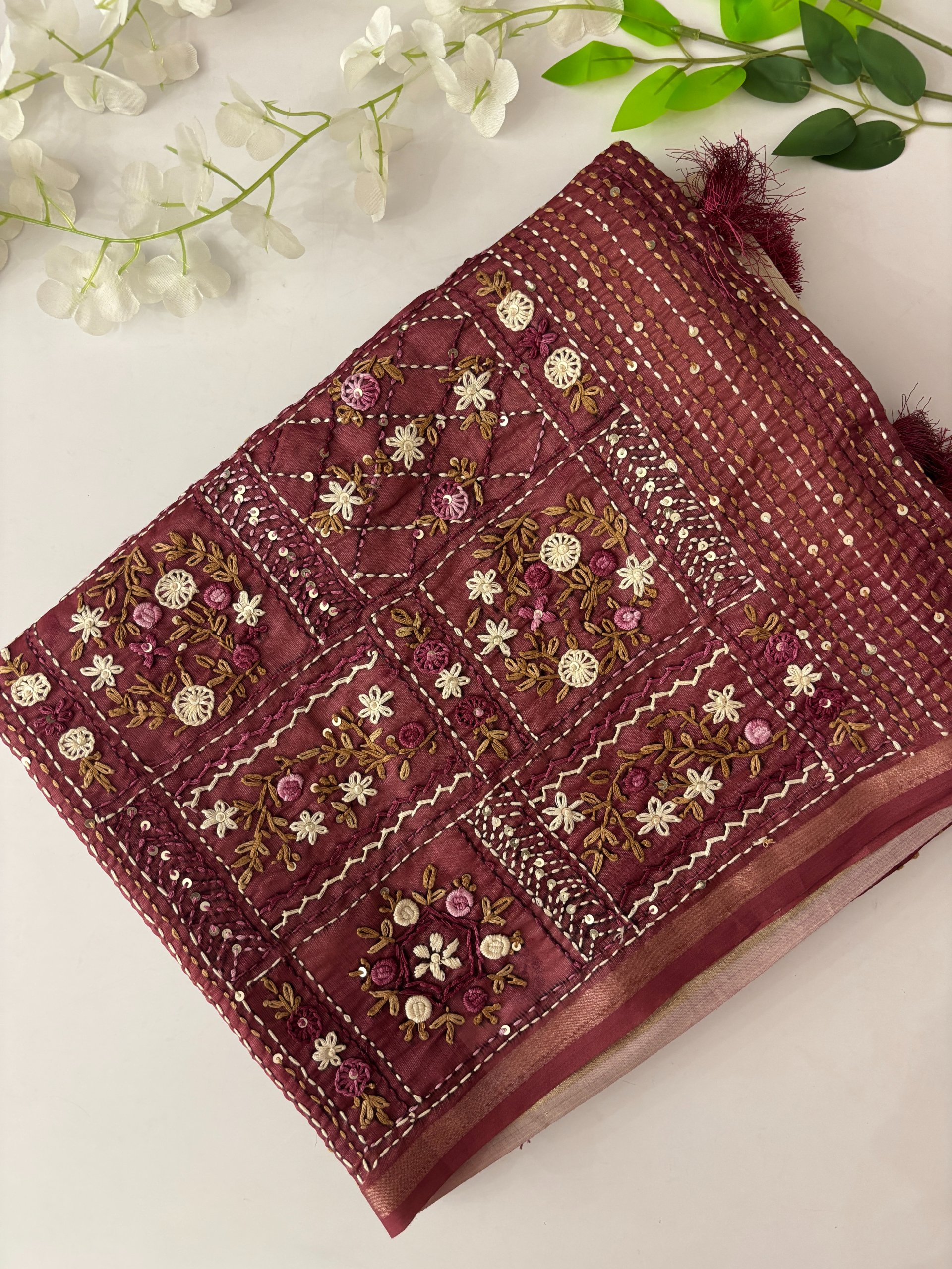 Maroon and Cream Tusser Organza Saree with Knot Work