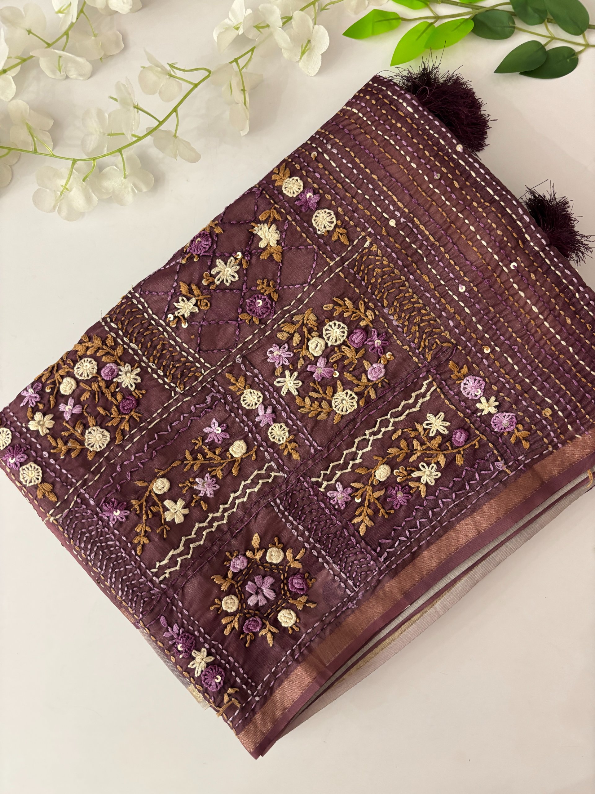 Wine and Cream Tusser Organza Saree with Knot Work