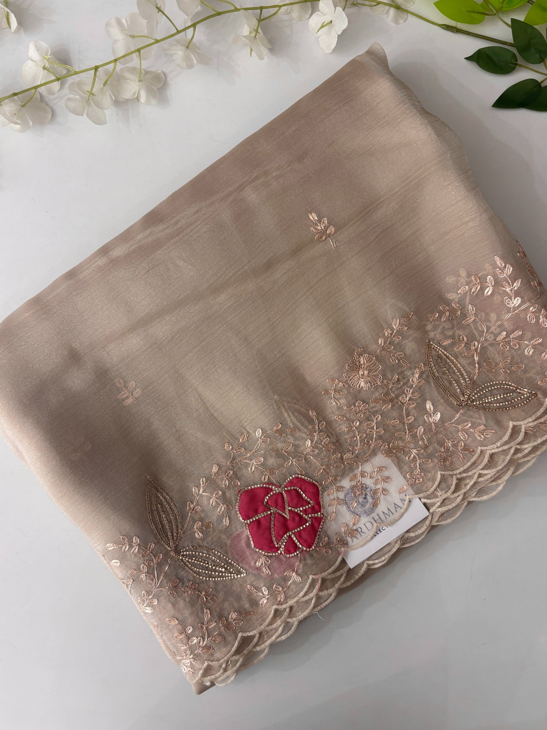 Beige Crush Tissue Georgette Saree with Pita Work 