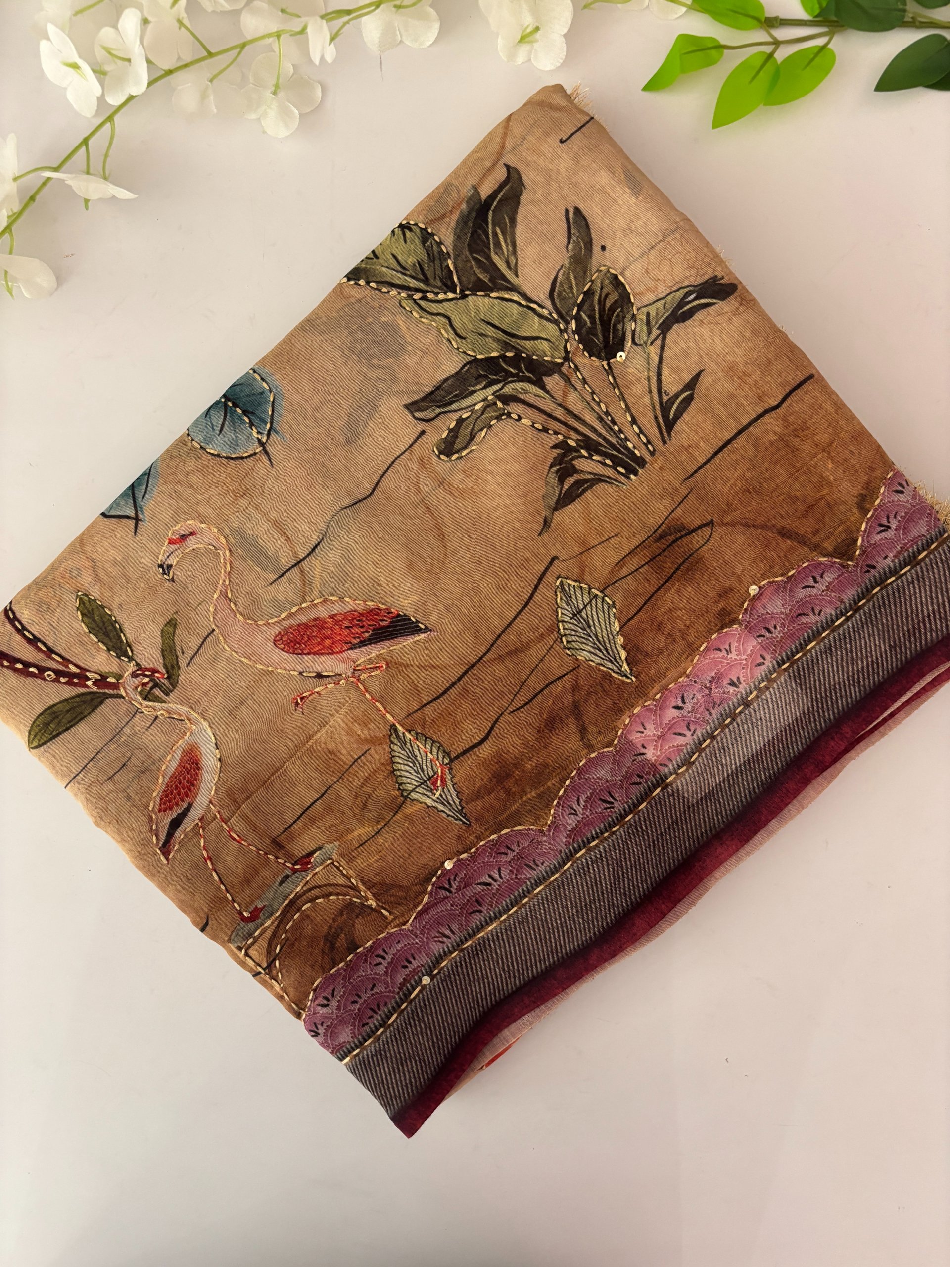 Beige Kantha Work Saree