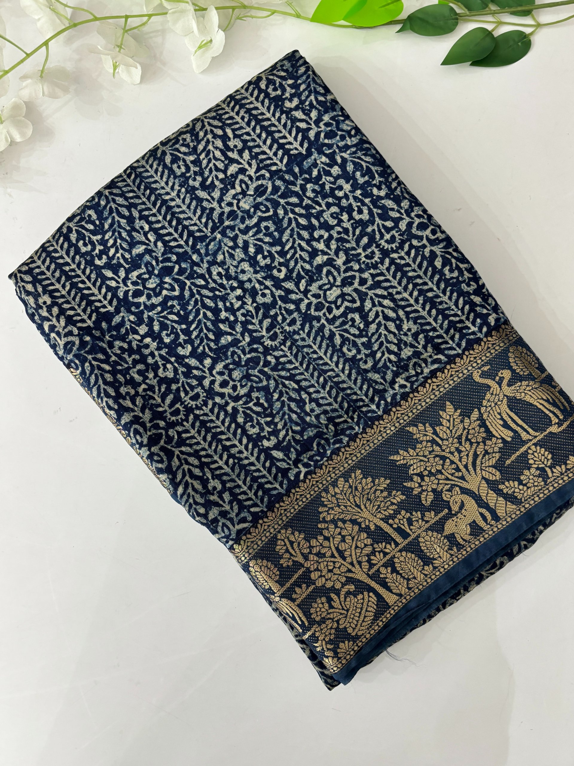 Semi Indigo Print Chanderi Cotton Saree