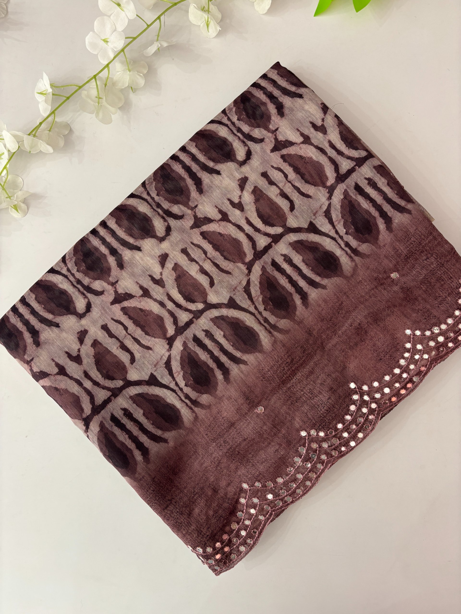Onion Pink Scalping Border Digital Chanderi Cotton Saree with Mirror Work